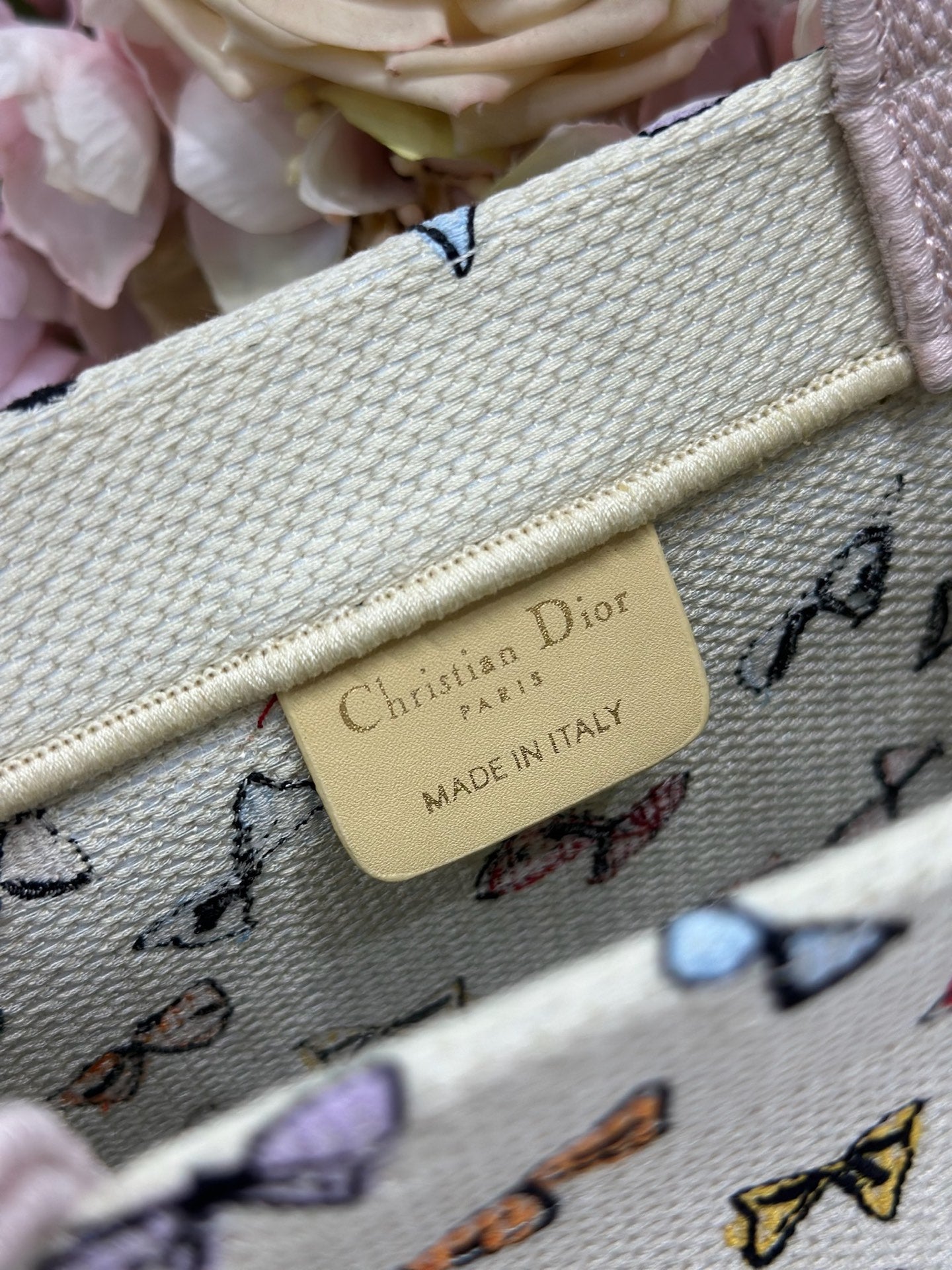 DIOR 26S MINI BOOK TOTE 26 IN BEIGE WHITE BOW PRINT WOVEN FABRIC