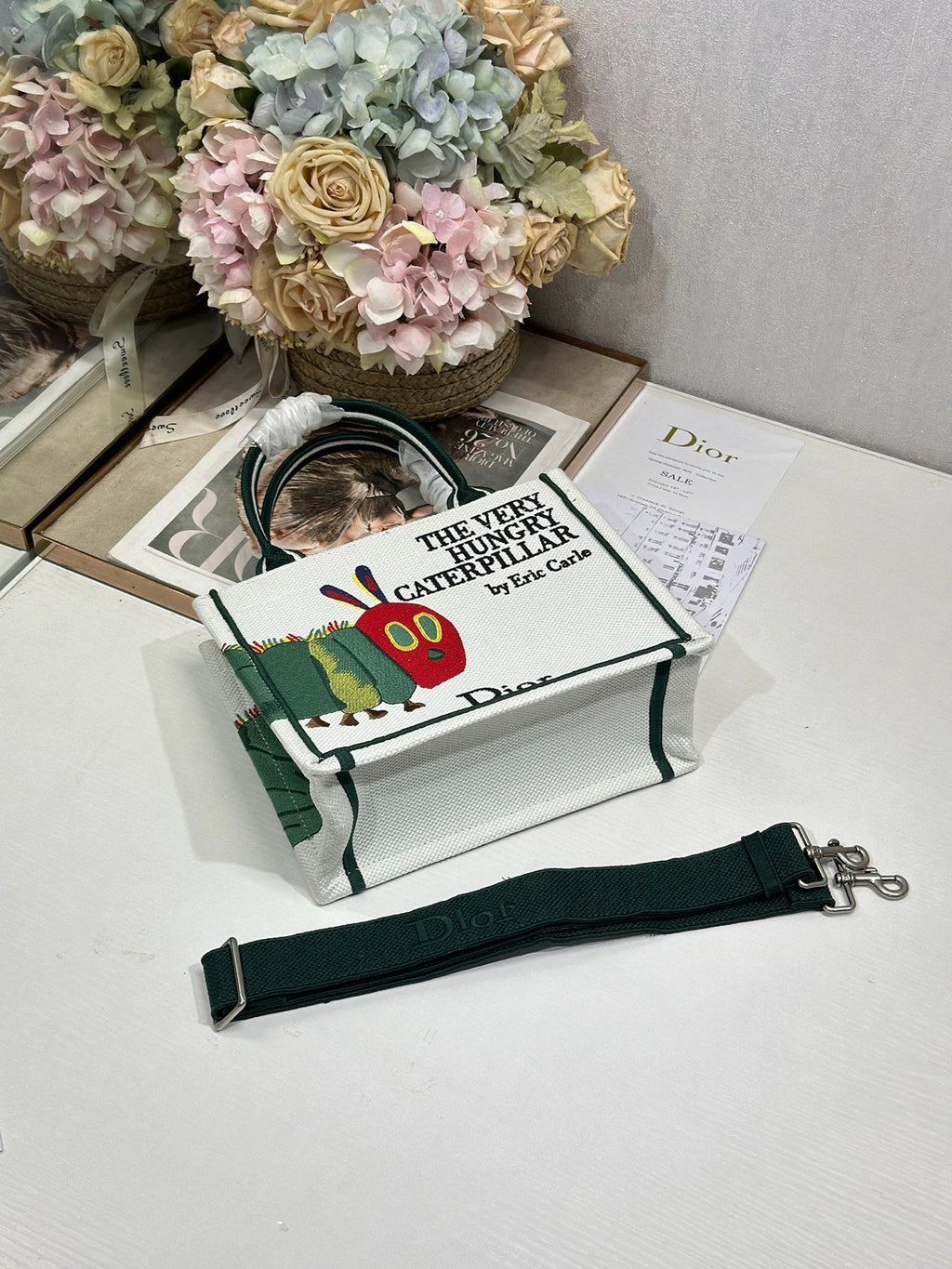 DIOR 26S MINI BOOK TOTE 26 IN CREAM WHITE AND GREEN WOVEN FABRIC