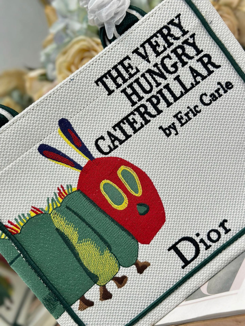 DIOR 26S MINI BOOK TOTE 26 IN CREAM WHITE AND GREEN WOVEN FABRIC