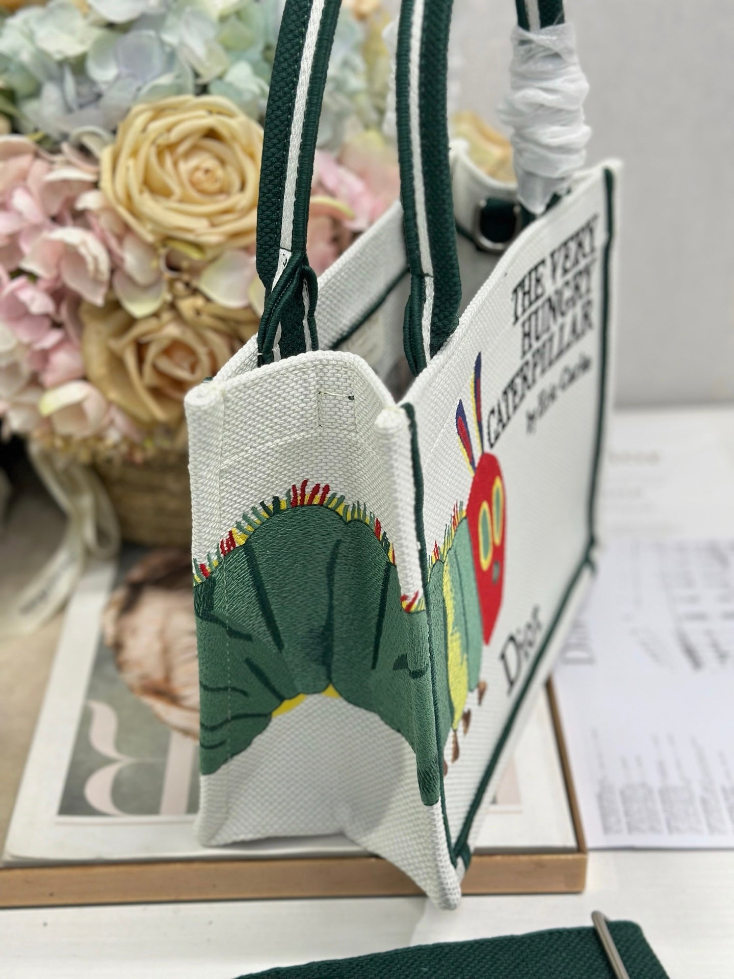 DIOR 26S MINI BOOK TOTE 26 IN CREAM WHITE AND GREEN WOVEN FABRIC