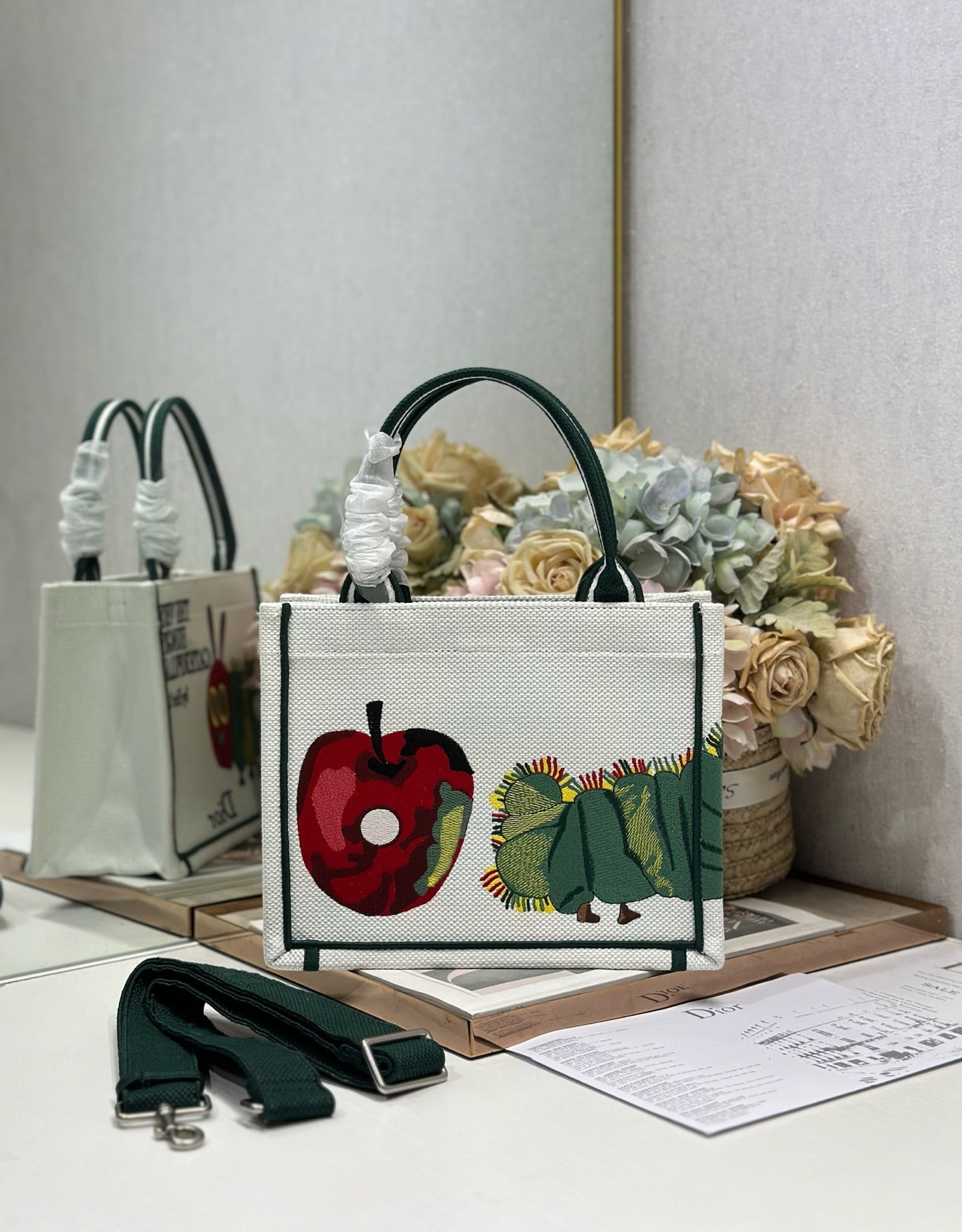 DIOR 26S MINI BOOK TOTE 26 IN CREAM WHITE AND GREEN WOVEN FABRIC