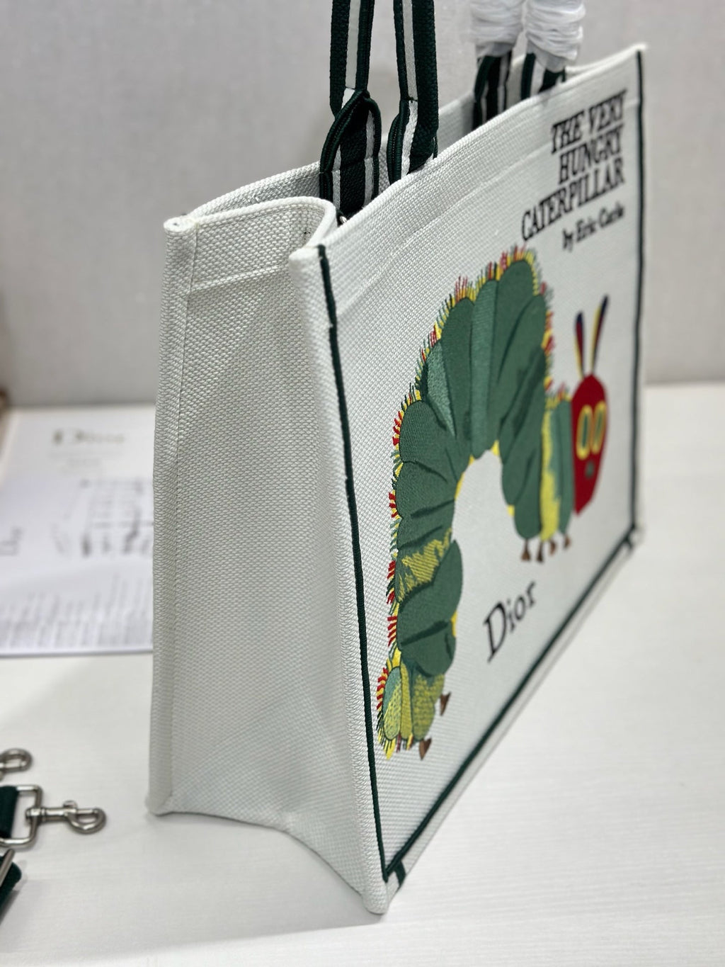 DIOR 26S LARGE BOOK TOTE 42 IN CREAM WHITE AND GREEN WOVEN FABRIC