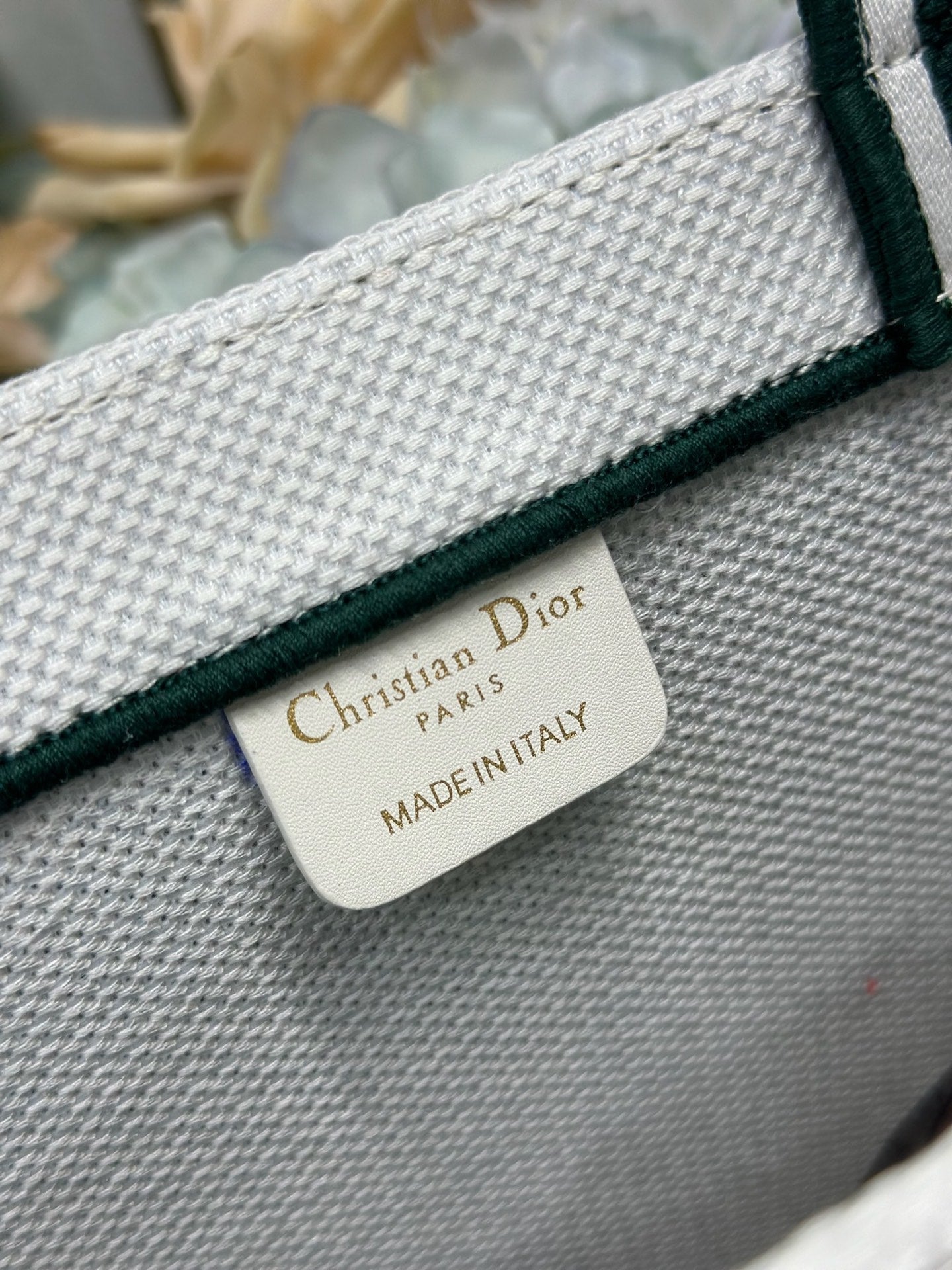 DIOR 26S LARGE BOOK TOTE 42 IN CREAM WHITE AND GREEN WOVEN FABRIC