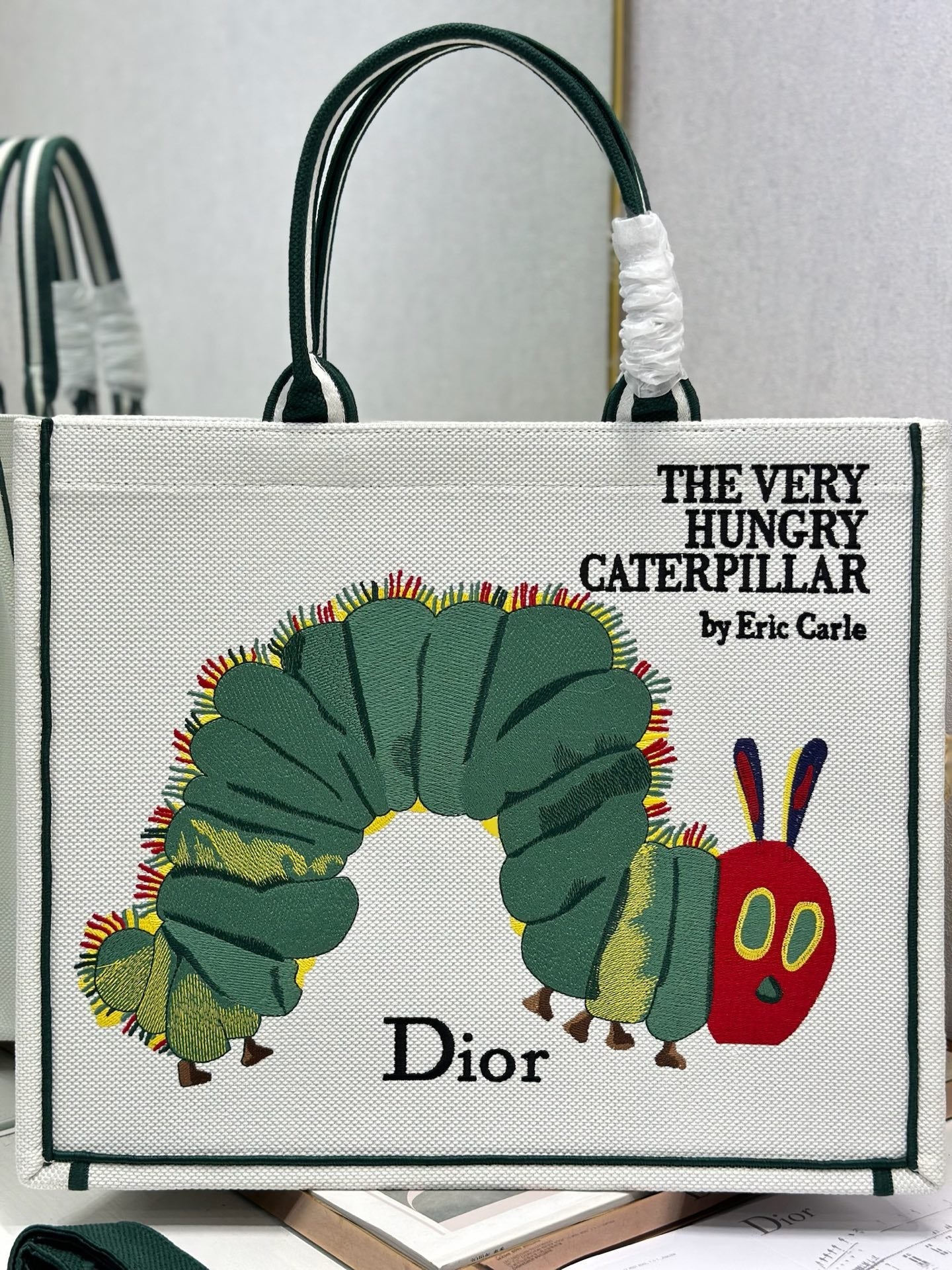 DIOR 26S LARGE BOOK TOTE 42 IN CREAM WHITE AND GREEN WOVEN FABRIC
