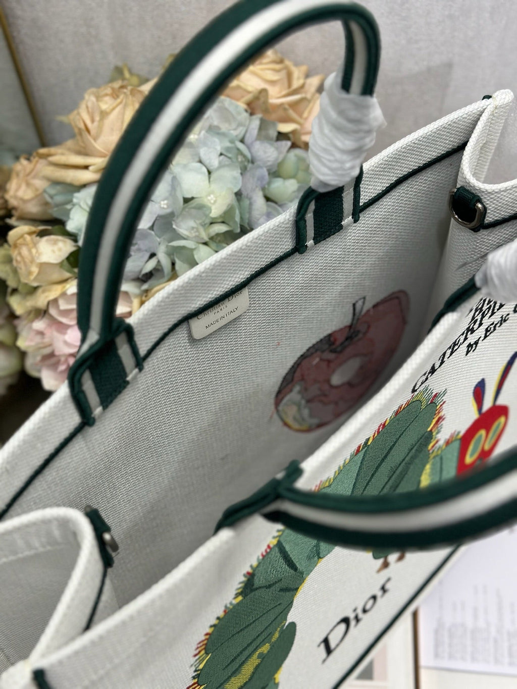 DIOR 26S LARGE BOOK TOTE 42 IN CREAM WHITE AND GREEN WOVEN FABRIC