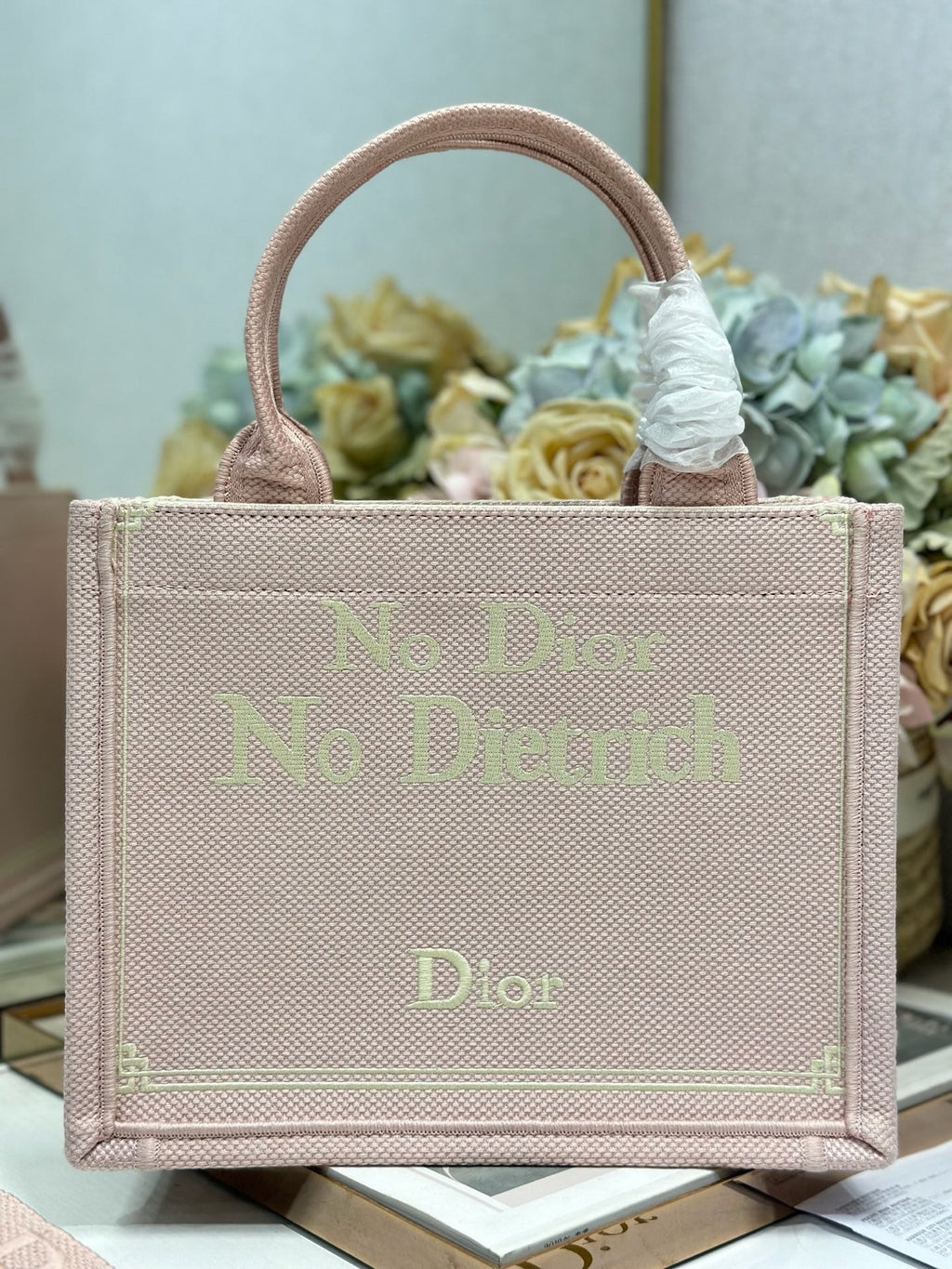 DIOR 26S MINI BOOK TOTE 26 IN LIGHT PINK WOVEN FABRIC