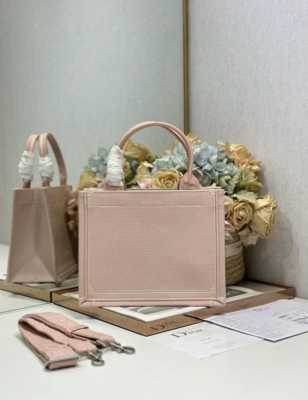 DIOR 26S MINI BOOK TOTE 26 IN LIGHT PINK WOVEN FABRIC