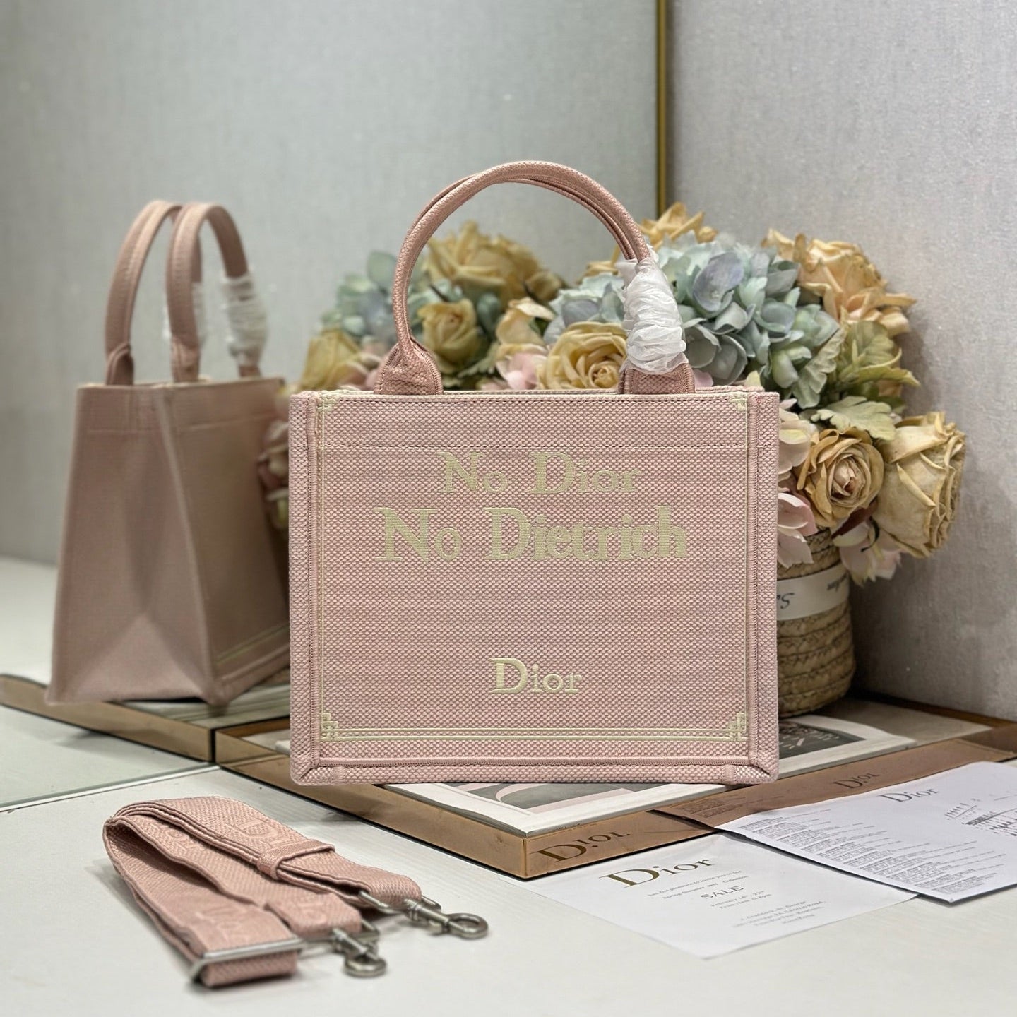DIOR 26S MINI BOOK TOTE 26 IN LIGHT PINK WOVEN FABRIC
