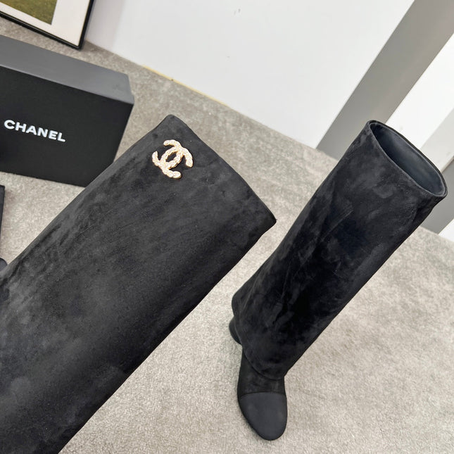 CHANEL 25S HIGH BOOTS 55MM IN BLACK SUEDE AND CANVAS GOLD HARDWARE
