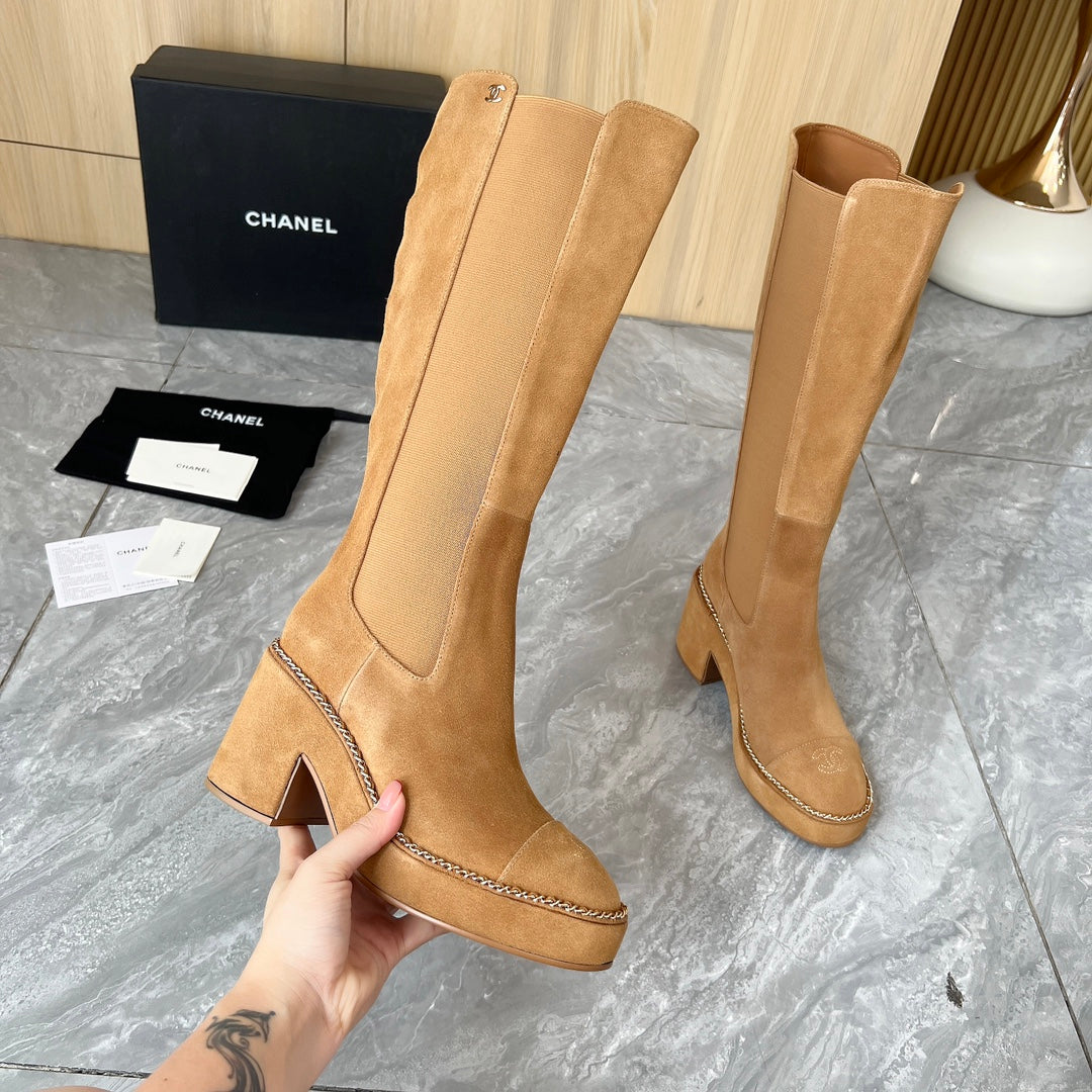 CHANEL HIGH BOOTS 8.5CM IN CARAMEL BROWN SUEDE