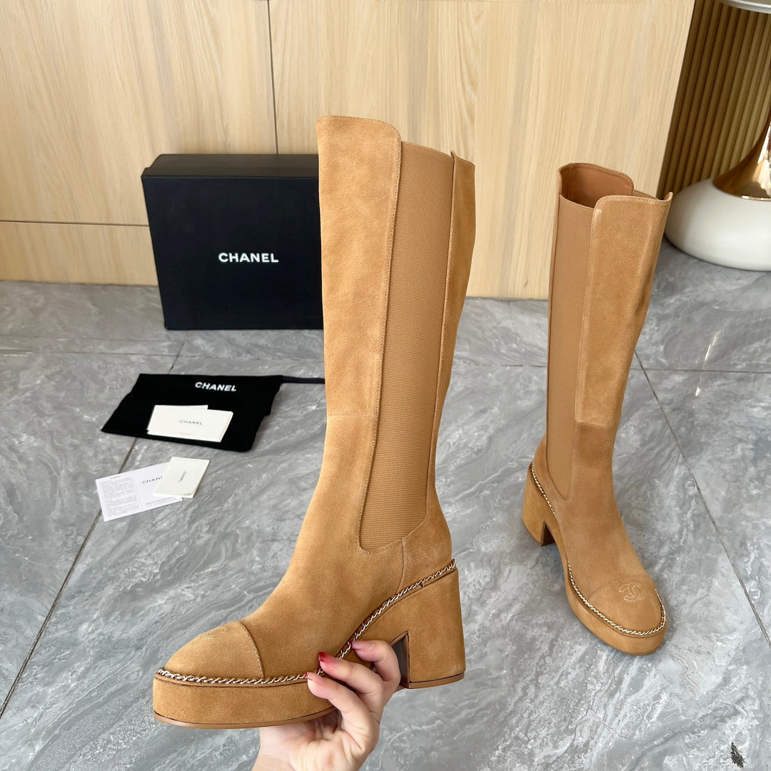 CHANEL HIGH BOOTS 8.5CM IN CARAMEL BROWN SUEDE