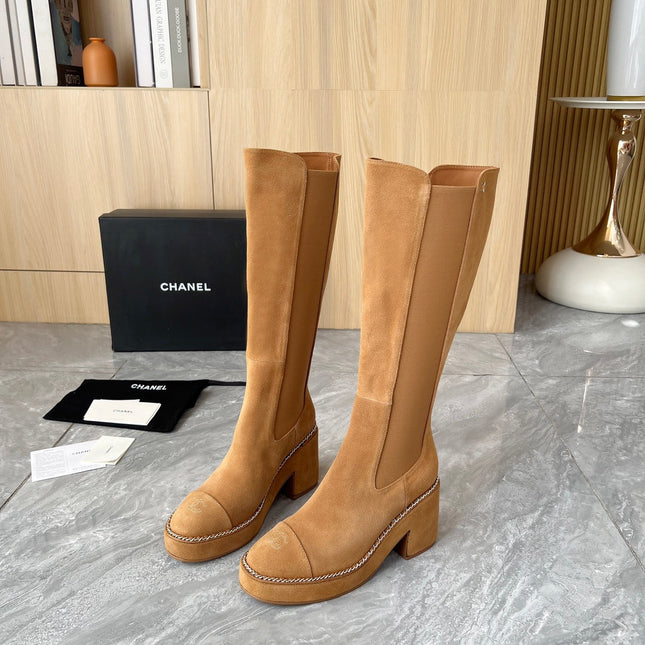 CHANEL HIGH BOOTS 8.5CM IN CARAMEL BROWN SUEDE