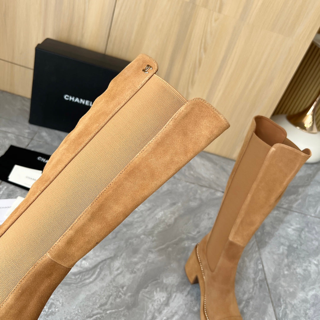 CHANEL HIGH BOOTS 8.5CM IN CARAMEL BROWN SUEDE