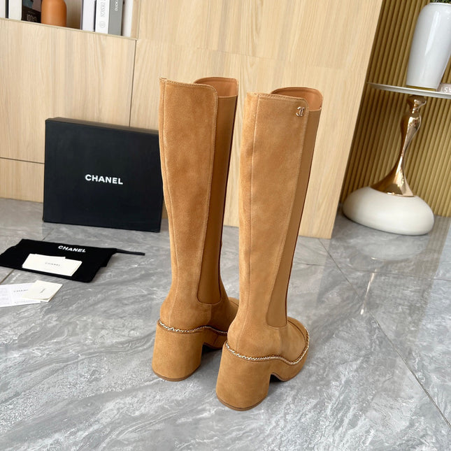 CHANEL HIGH BOOTS 8.5CM IN CARAMEL BROWN SUEDE
