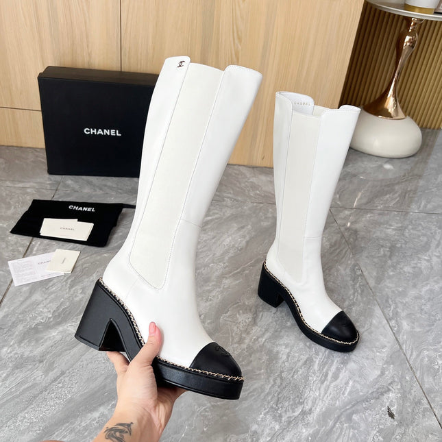 CHANEL 25S HIGH BOOTS STRETCHY SHAFT 85MM IN WHITE MIX BLACK CALFSKIN GOLD HARDWARE