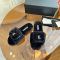 CHANEL 25S FUR SLIPPERS IN BLACK LOGO GOLD HARDWARE