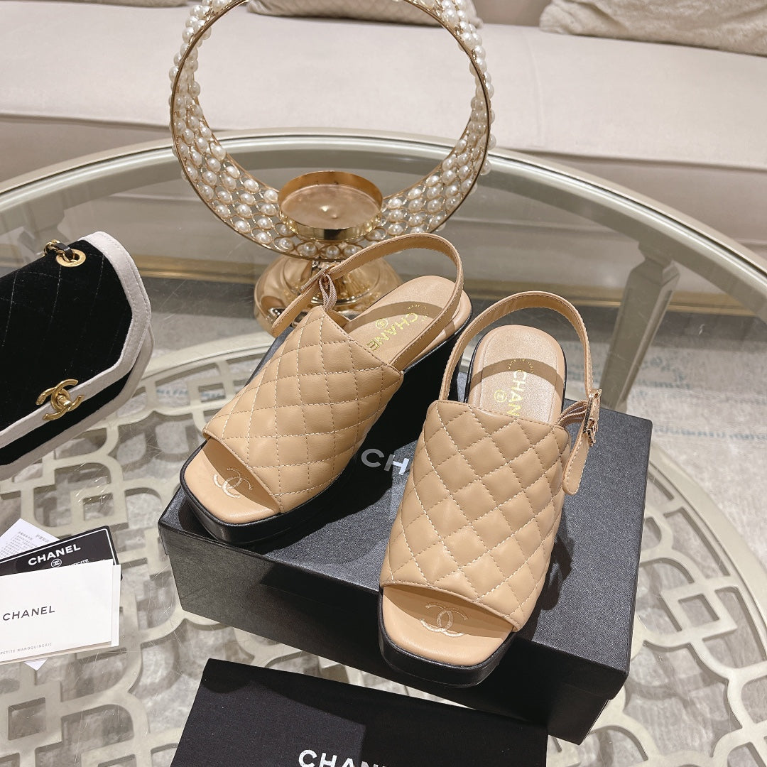 Double C  Chunky Heel Peep-Toe Open Sandals Beige Cream Lambskin