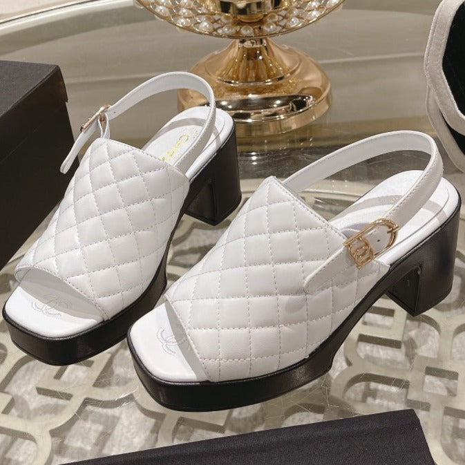 Double C  Chunky Heel Peep-Toe Open Sandals White Lambskin