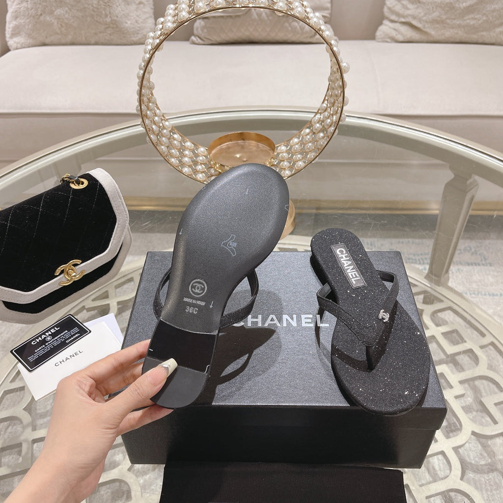 Double CC Rhinestone Flip  Flop Thongs Black Sheepskin