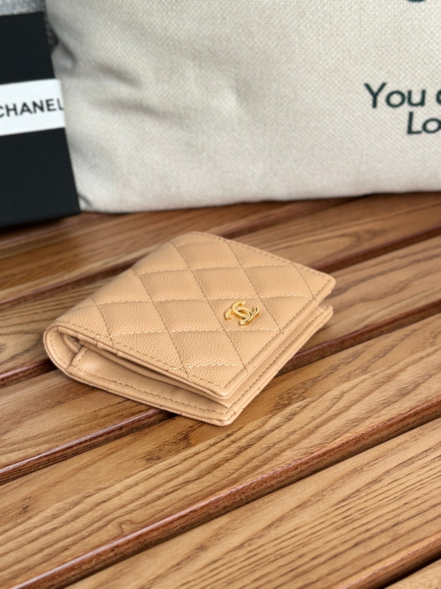 SMALL FLAP WALLET 12 IN LIGHT BROWN GRAINED CALFSKIN GOLD-TONE HARDWARE
