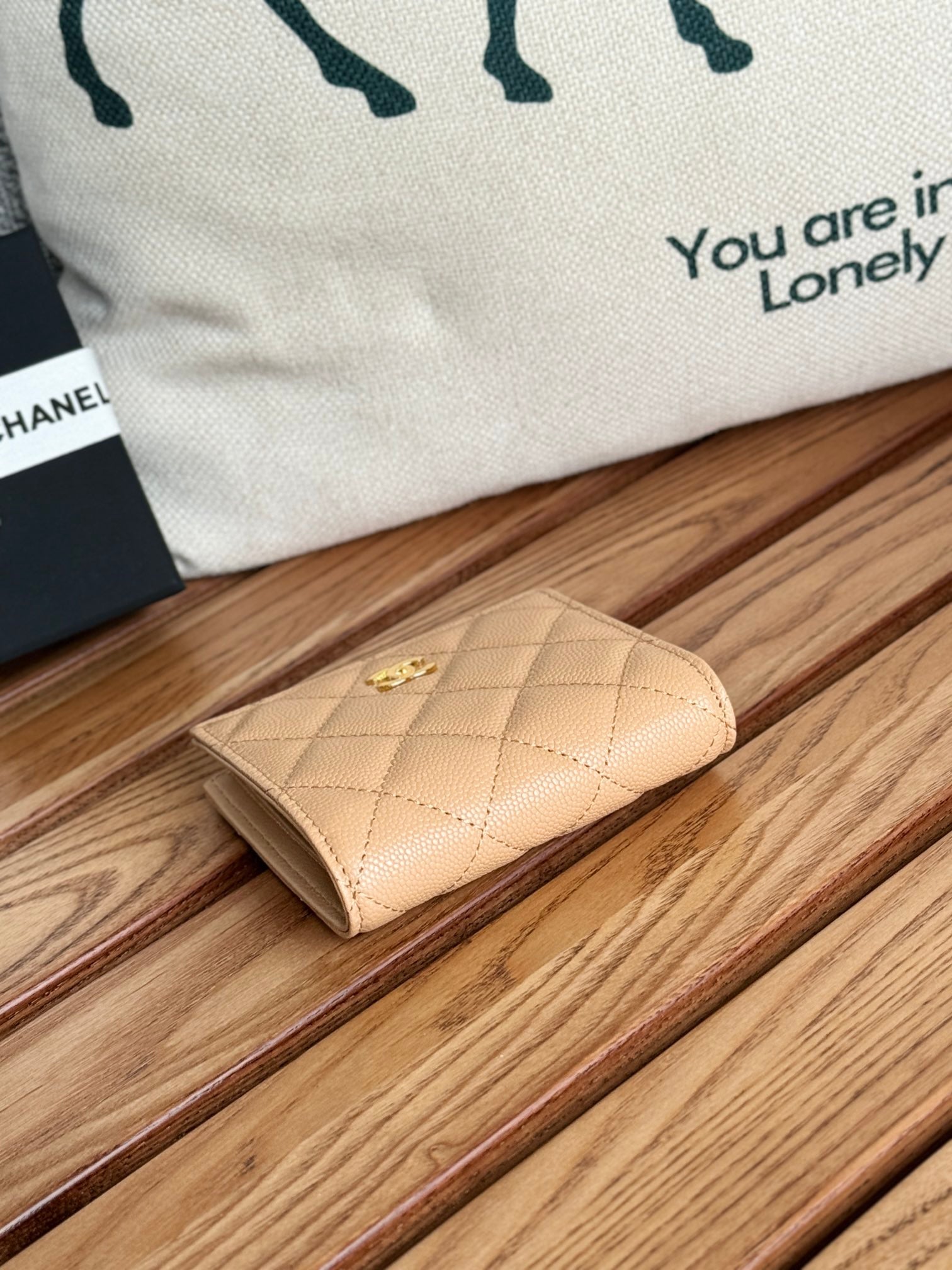 SMALL FLAP WALLET 12 IN LIGHT BROWN GRAINED CALFSKIN GOLD-TONE HARDWARE