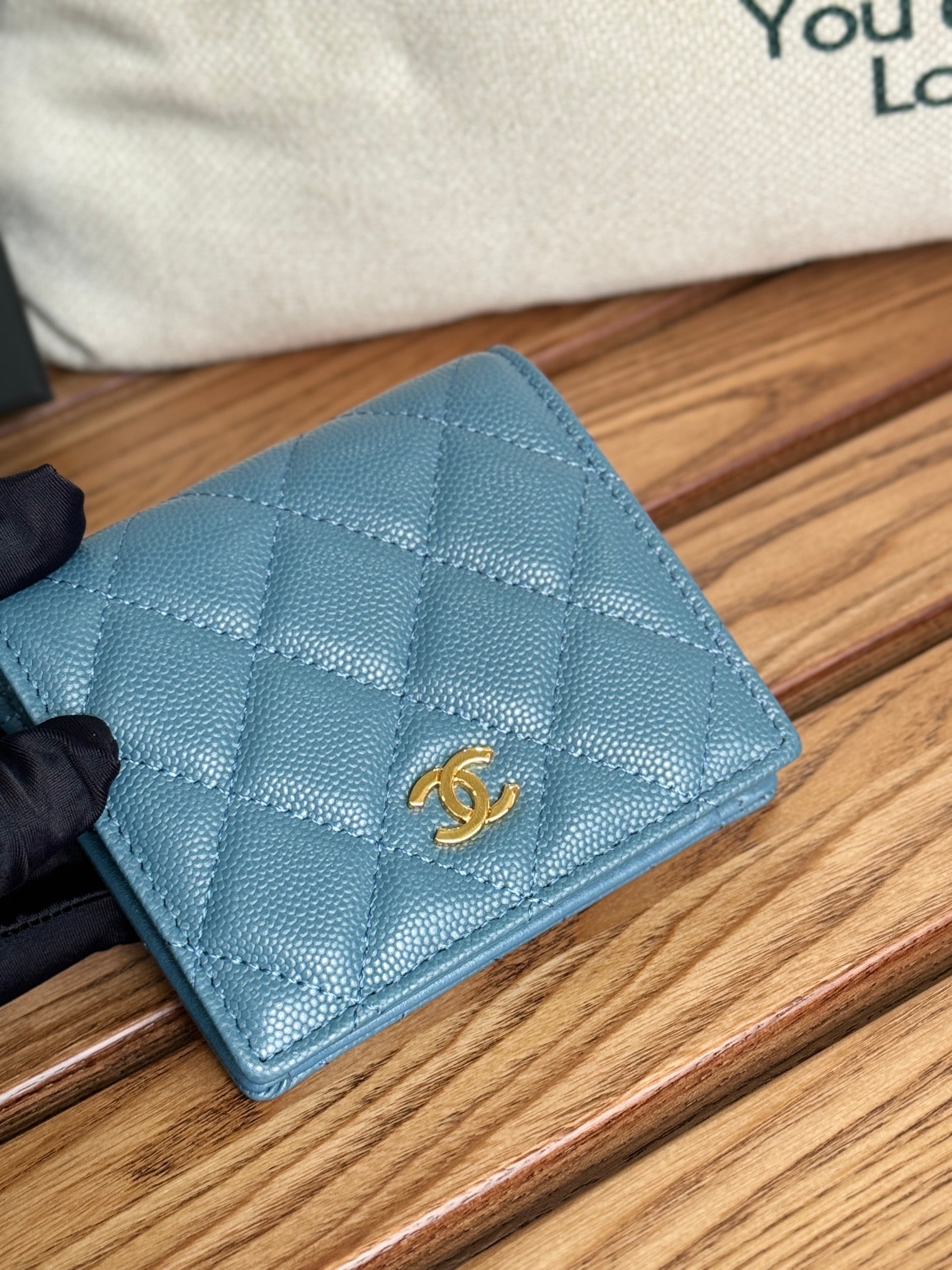 SMALL FLAP WALLET 12 IN NEPAL BLUE GRAINED CALFSKIN GOLD-TONE HARDWARE