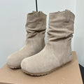 STACKED WRINKLE SHORT BOOTS IN KHAKI BROWN SUEDE