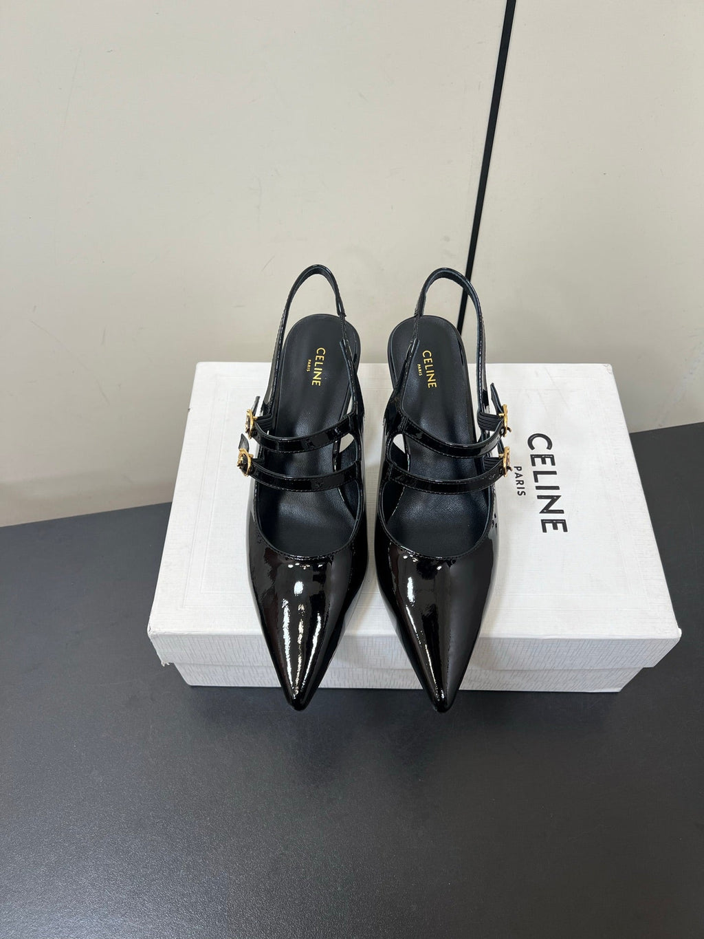 JUDY DOUBLE STRAP MARY JANE SLINGBACK IN BLACK PATENT CALFSKIN