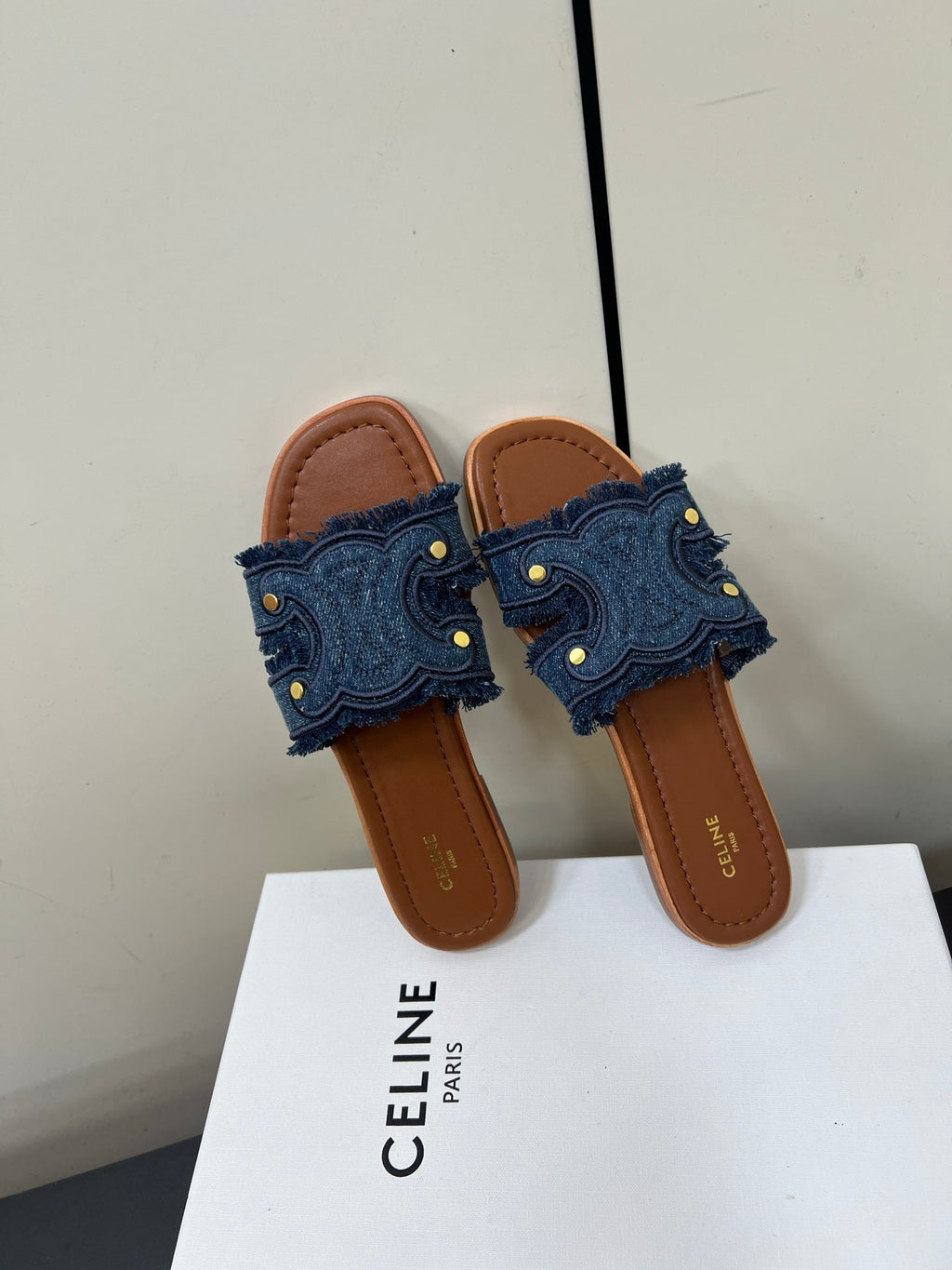 CELINE FLAT SANDALS IN BLUE TRIOMPHE DENIM