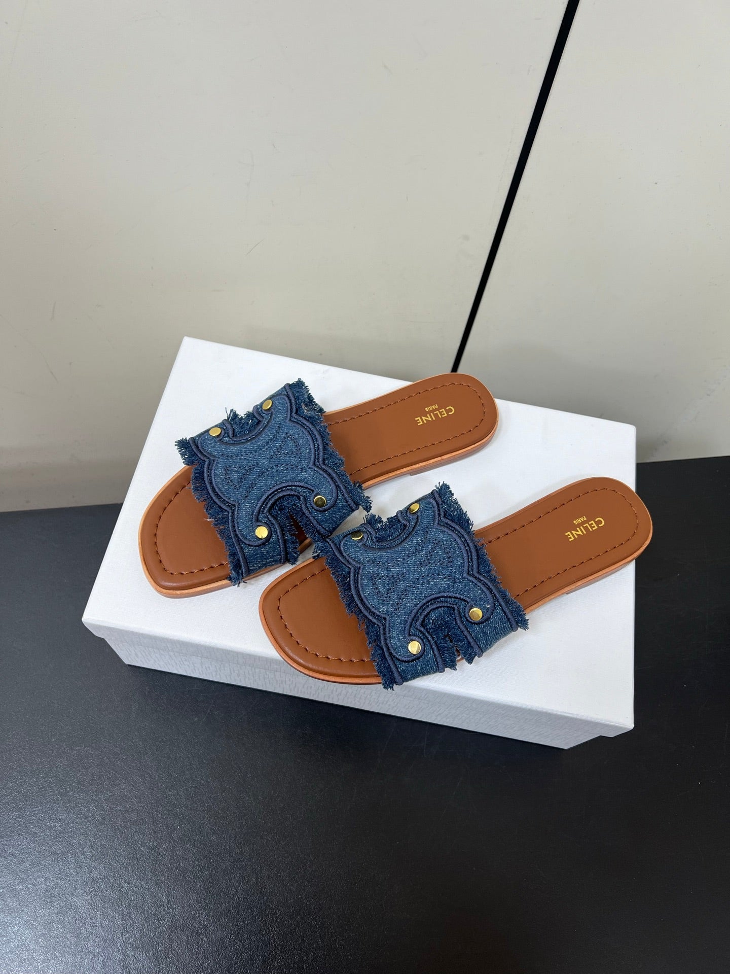 CELINE FLAT SANDALS IN BLUE TRIOMPHE DENIM