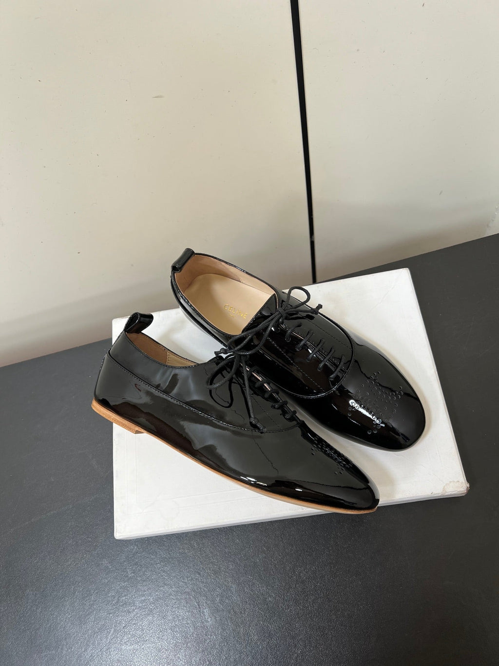 CELINE 26S MINIMAL LACE-UP SHOES IN BLACK GLOSSY CALFSKIN