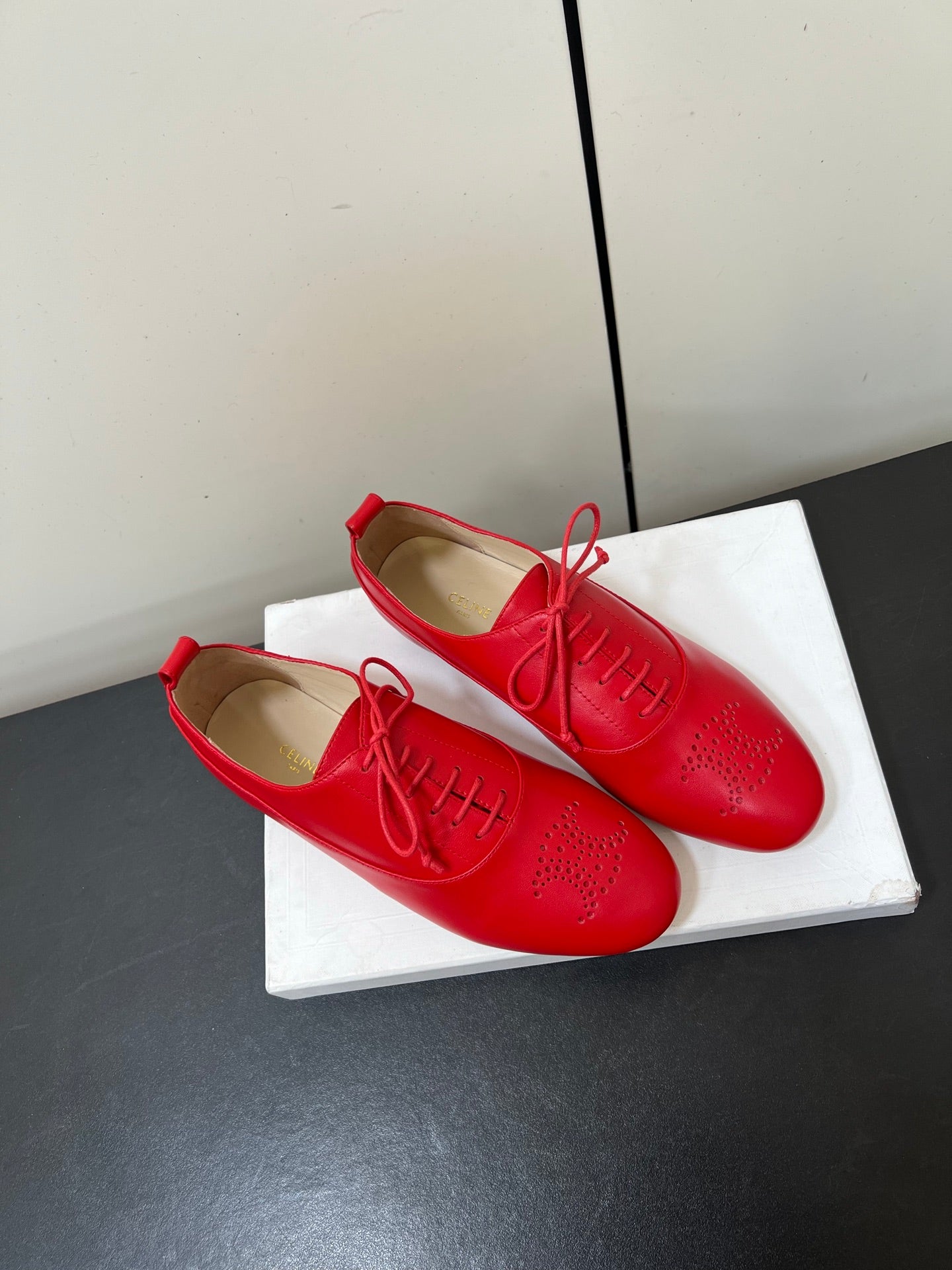 CELINE 26S MINIMAL LACE-UP SHOES IN RED CALFSKIN
