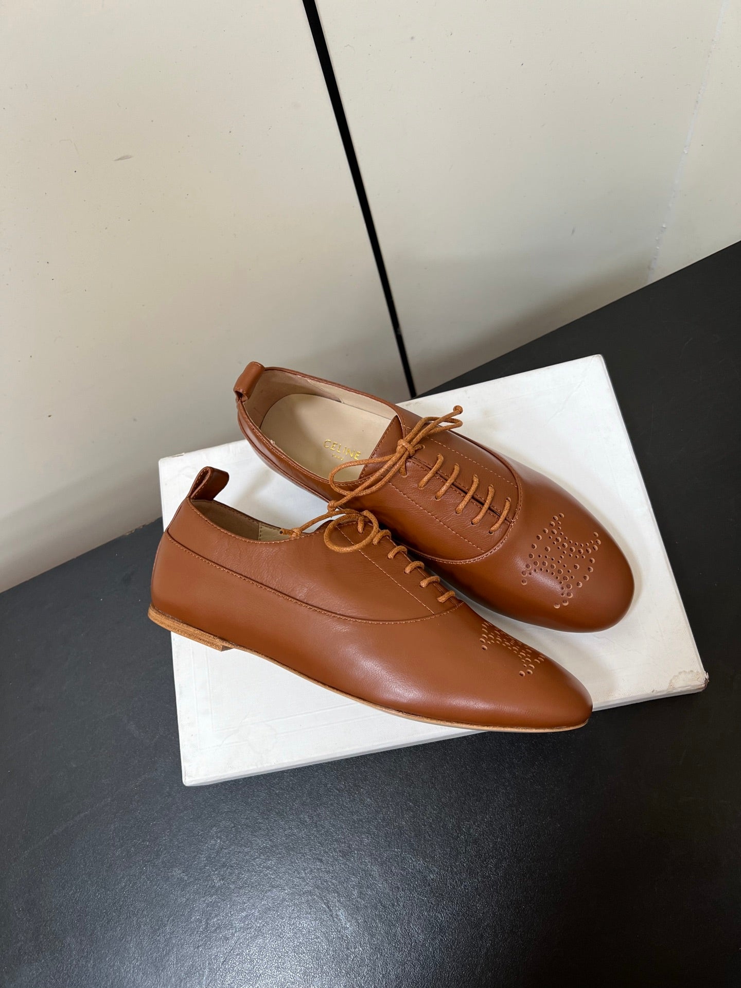 CELINE 26S MINIMAL LACE-UP SHOES IN BROWN CALFSKIN