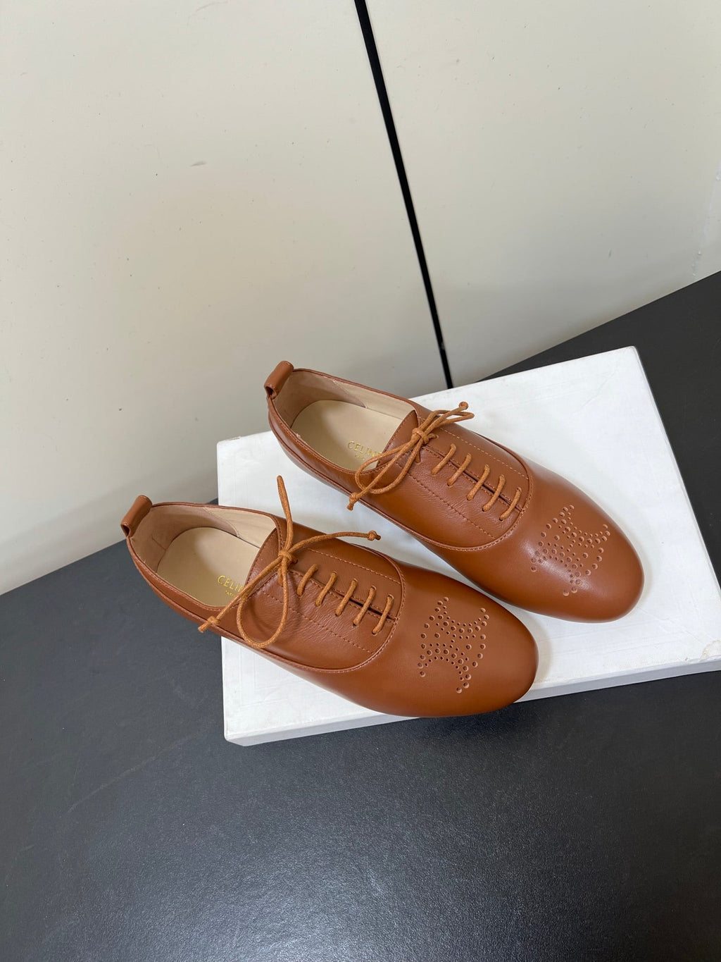 CELINE 26S MINIMAL LACE-UP SHOES IN BROWN CALFSKIN