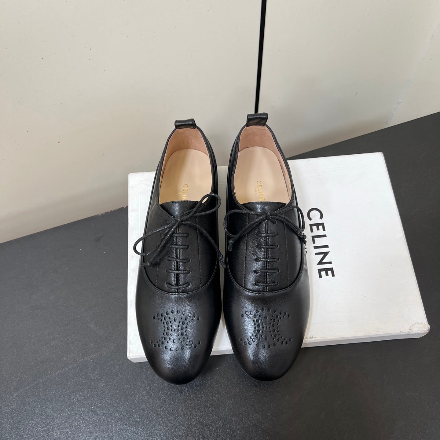 CELINE 26S MINIMAL LACE-UP SHOES IN BLACK CALFSKIN
