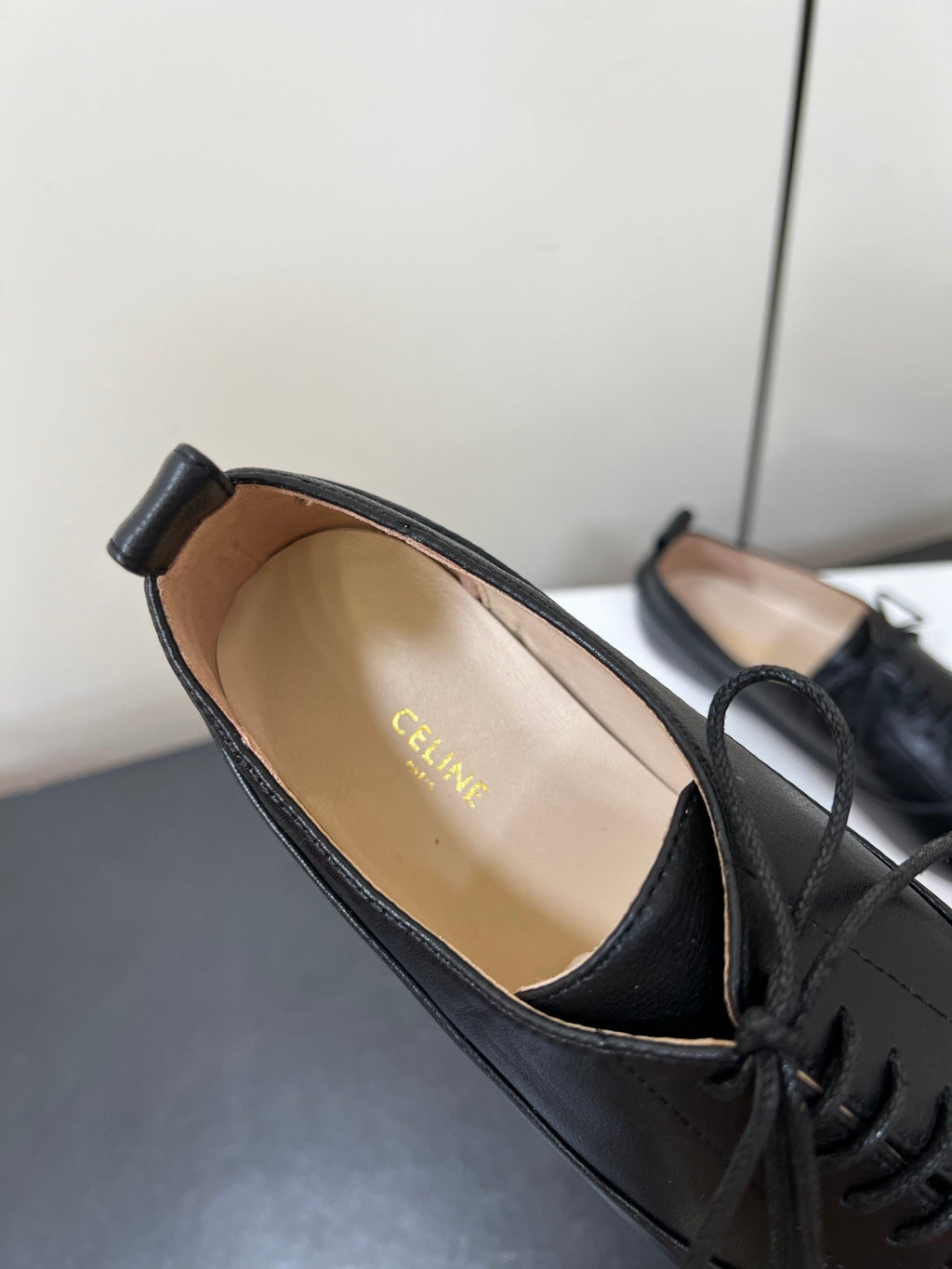 CELINE 26S MINIMAL LACE-UP SHOES IN BLACK CALFSKIN