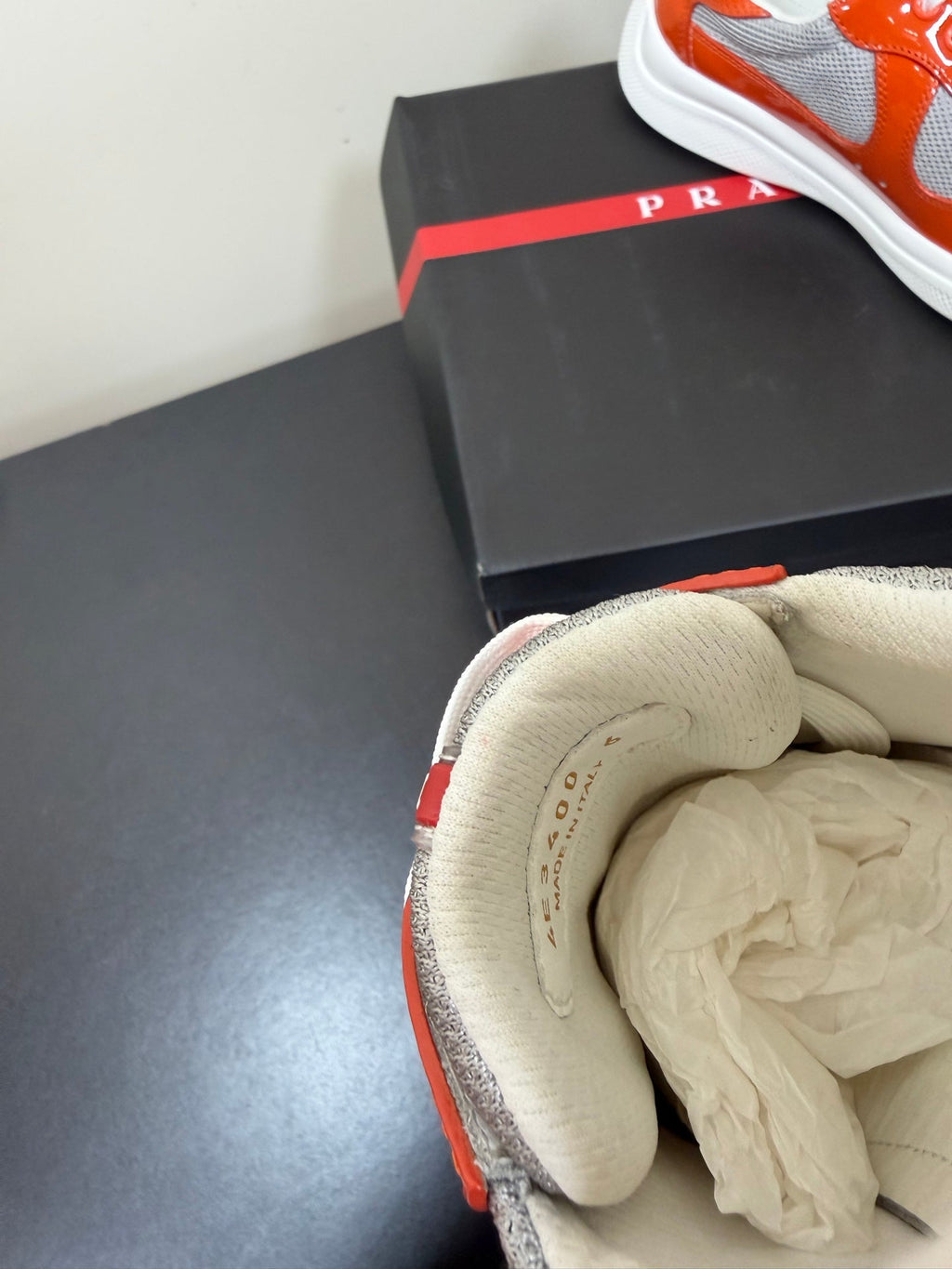 PRADA 26S SNEAKERS IN RED ORANGE PATENT CALFSKIN AND WHITE MESH