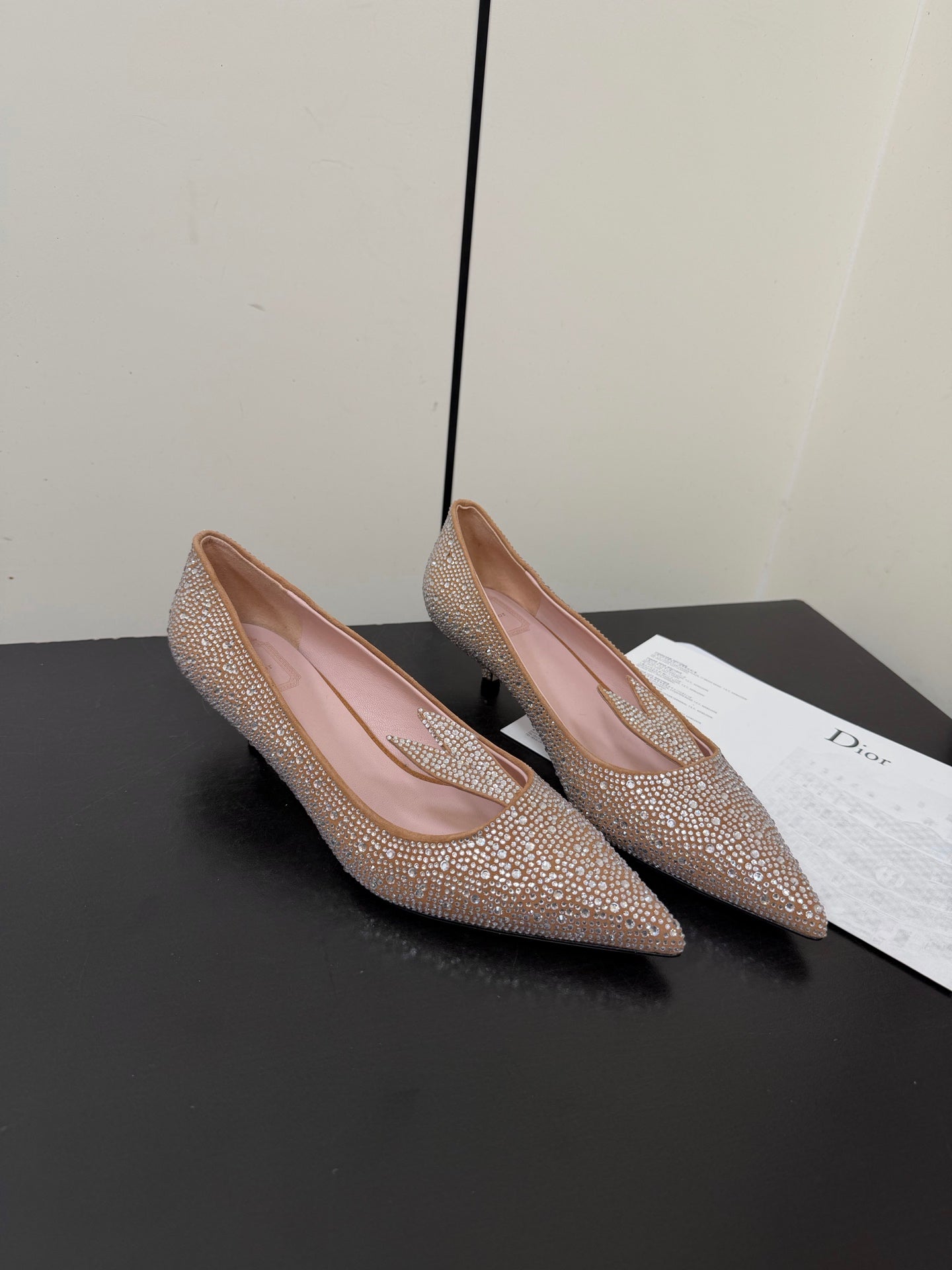 DIOR 26S POINTED-TOE HIGH HEELS 35MM IN NUDE SUEDE CRYSTAL