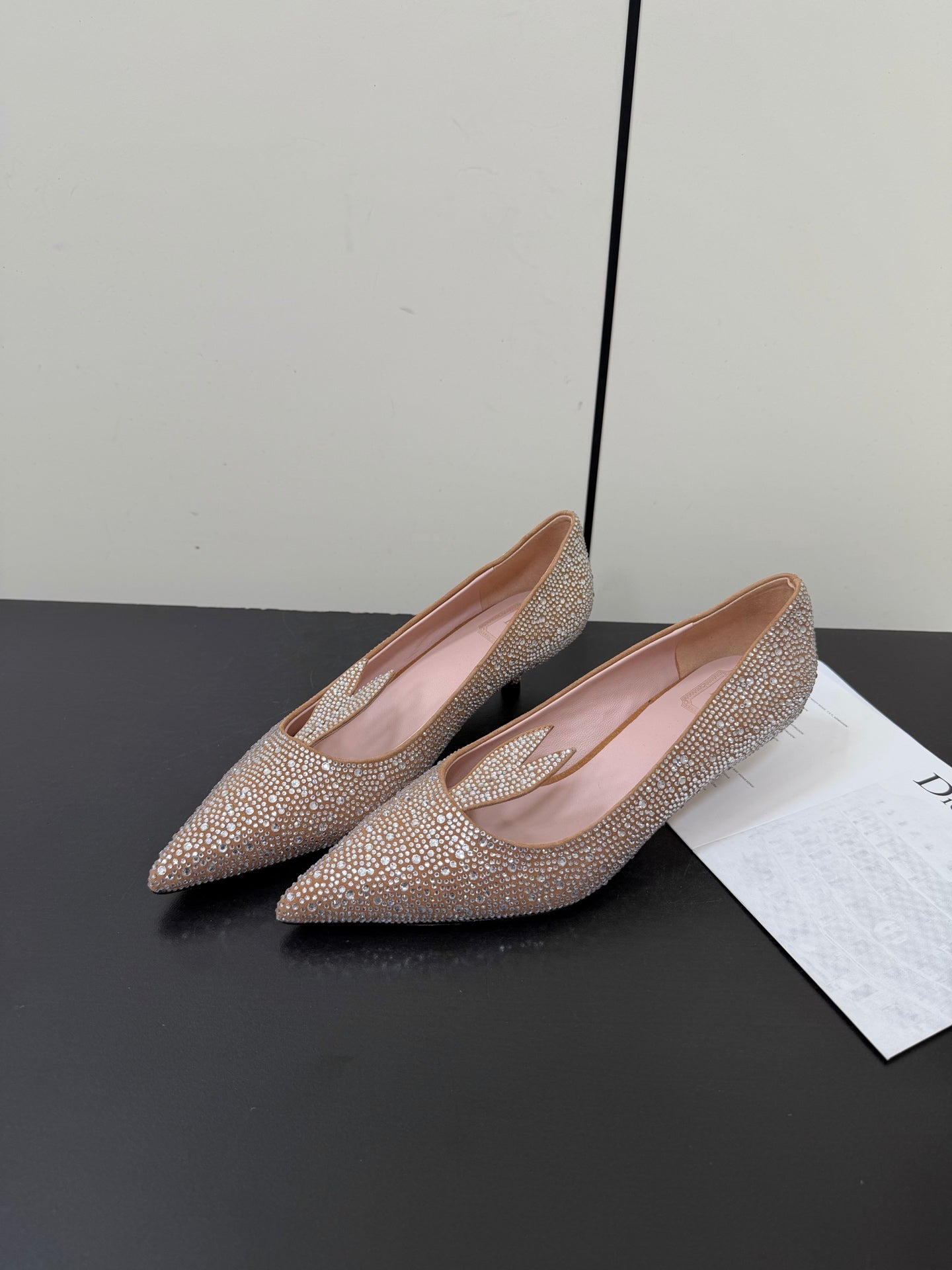 DIOR 26S POINTED-TOE HIGH HEELS 35MM IN NUDE SUEDE CRYSTAL