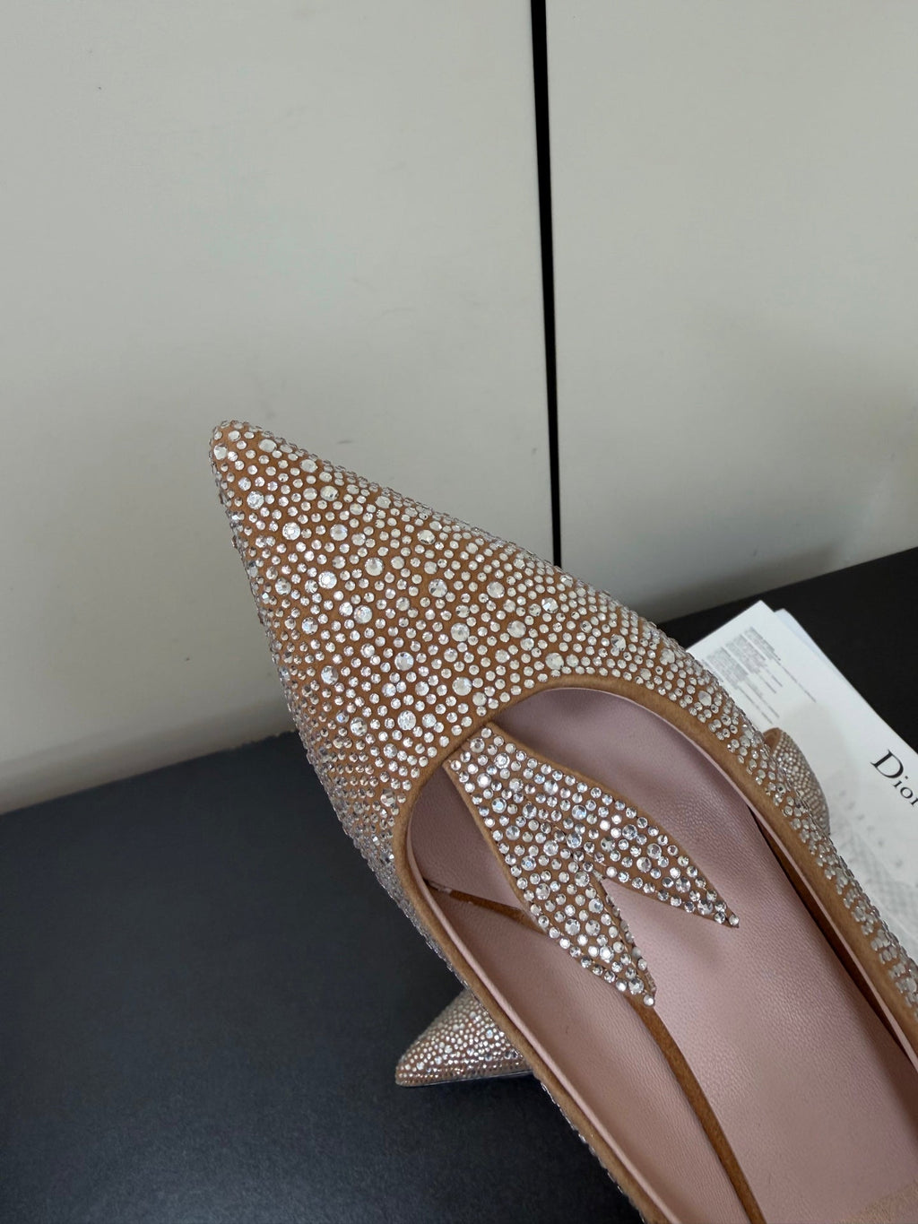 DIOR 26S POINTED-TOE HIGH HEELS 35MM IN NUDE SUEDE CRYSTAL