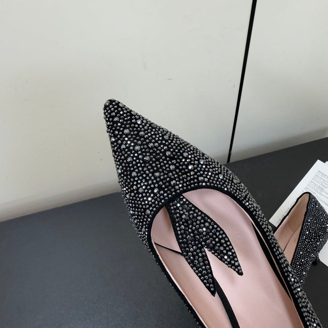 DIOR 26S POINTED-TOE HIGH HEELS 35MM IN BLACK SUEDE CRYSTAL