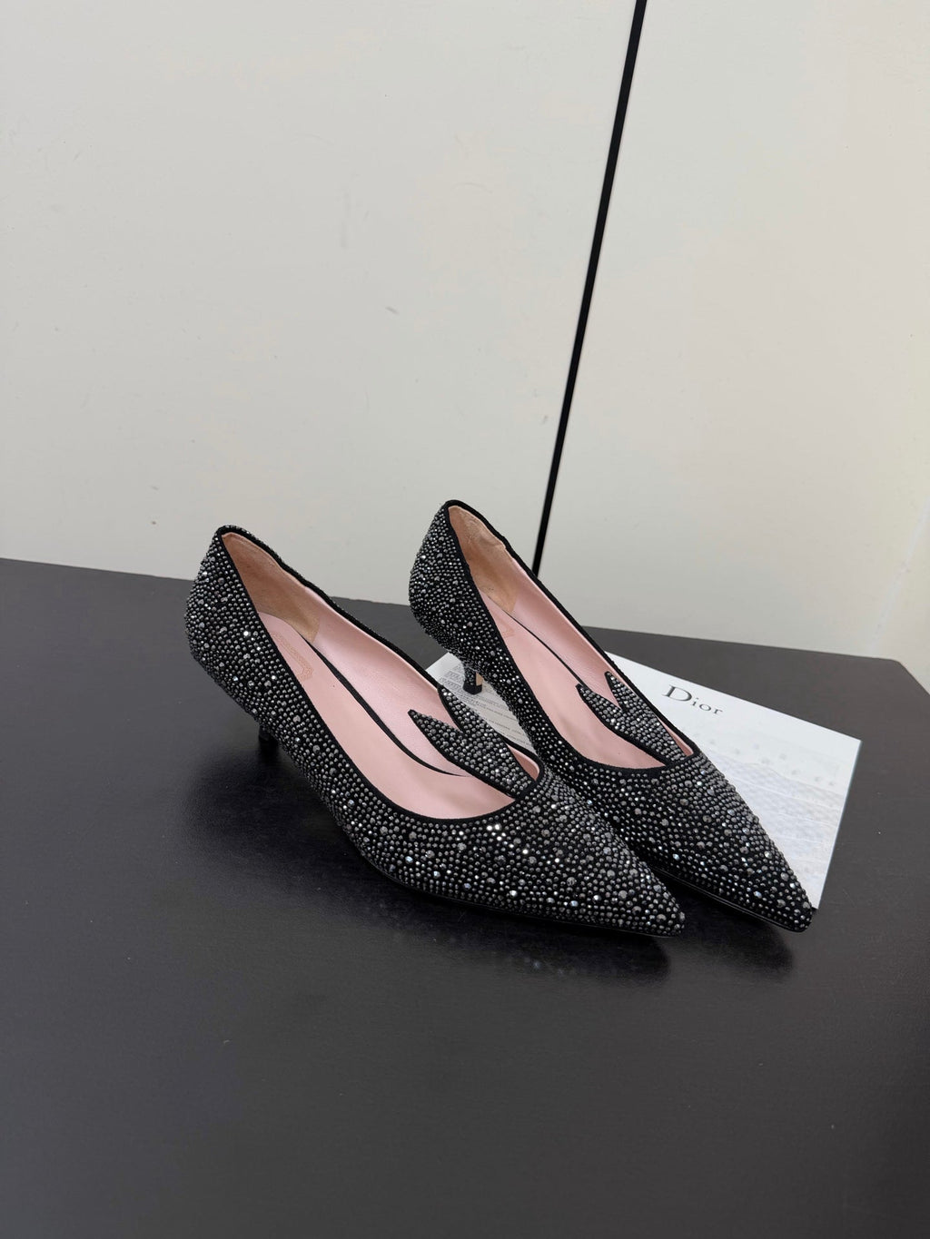 DIOR 26S POINTED-TOE HIGH HEELS 35MM IN BLACK SUEDE CRYSTAL