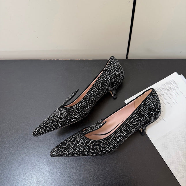 DIOR 26S POINTED-TOE HIGH HEELS 35MM IN BLACK SUEDE CRYSTAL