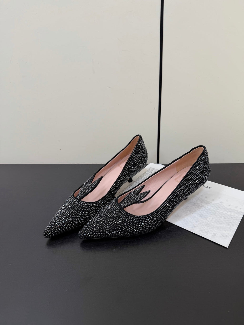 DIOR 26S POINTED-TOE HIGH HEELS 35MM IN BLACK SUEDE CRYSTAL