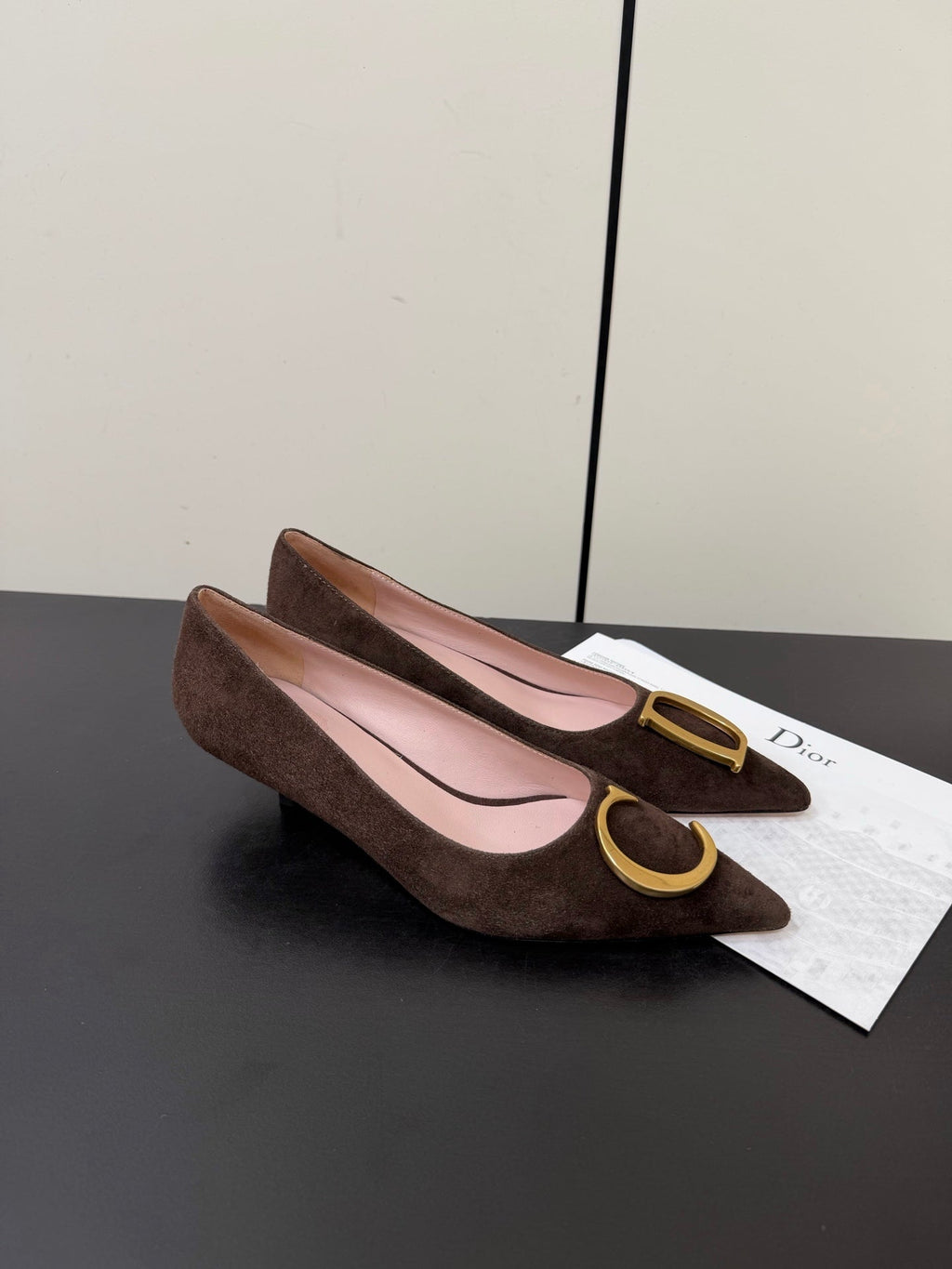 DIOR 26S POINTED-TOE HIGH HEELS 35MM IN DARK BROWN SUEDE GOLD HARDWARE