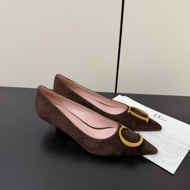 DIOR 26S POINTED-TOE HIGH HEELS 35MM IN DARK BROWN SUEDE GOLD HARDWARE