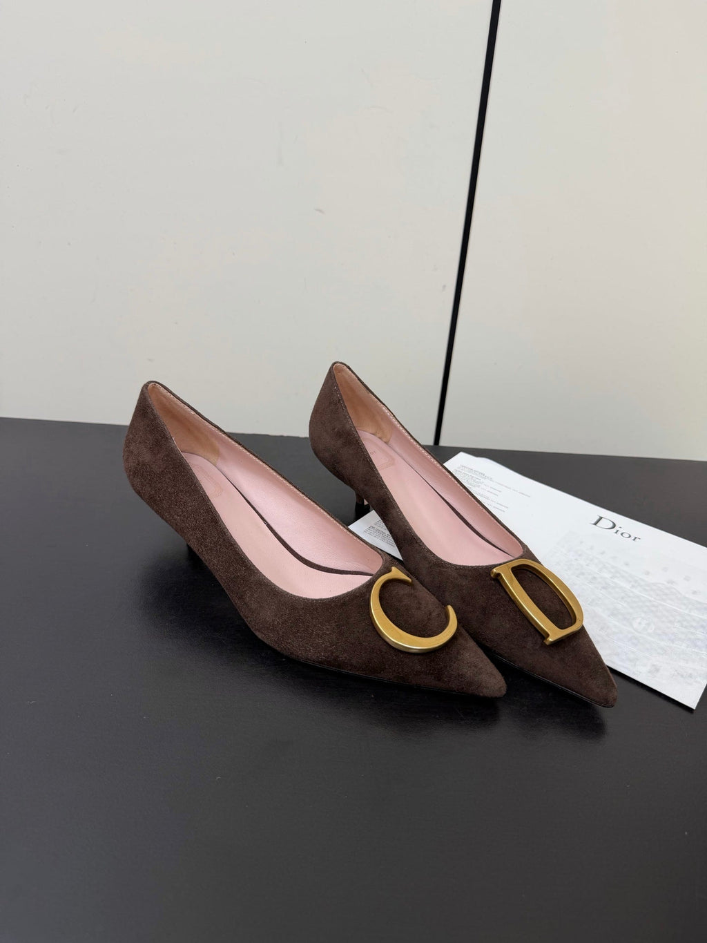 DIOR 26S POINTED-TOE HIGH HEELS 35MM IN DARK BROWN SUEDE GOLD HARDWARE