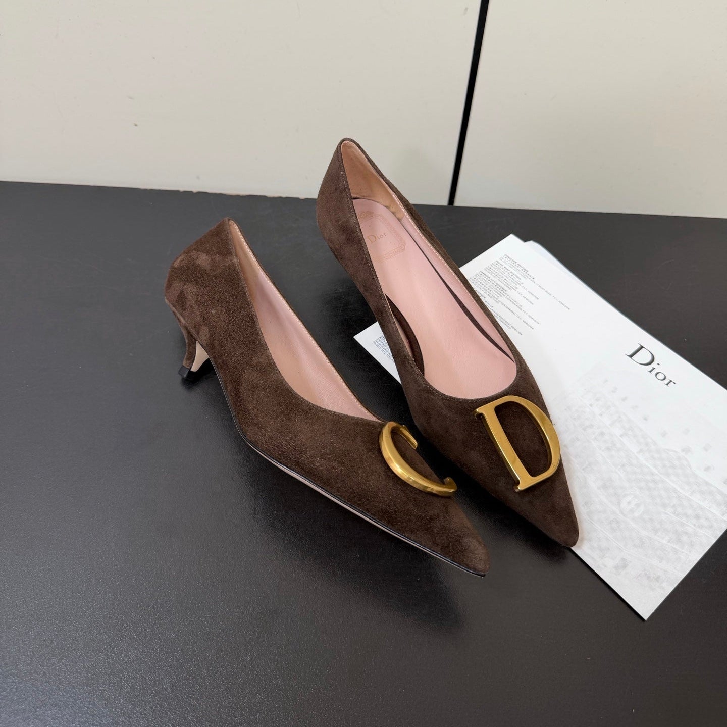 DIOR 26S POINTED-TOE HIGH HEELS 35MM IN DARK BROWN SUEDE GOLD HARDWARE
