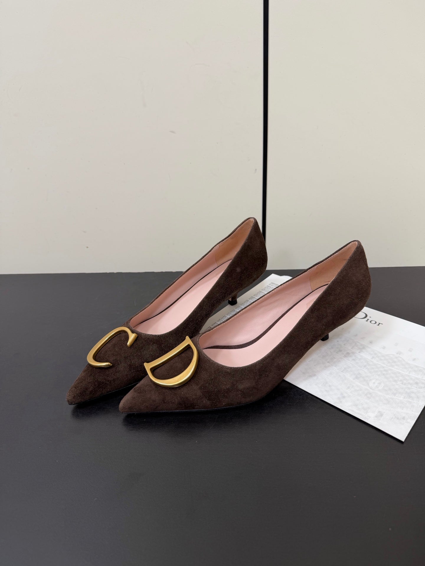 DIOR 26S POINTED-TOE HIGH HEELS 35MM IN DARK BROWN SUEDE GOLD HARDWARE