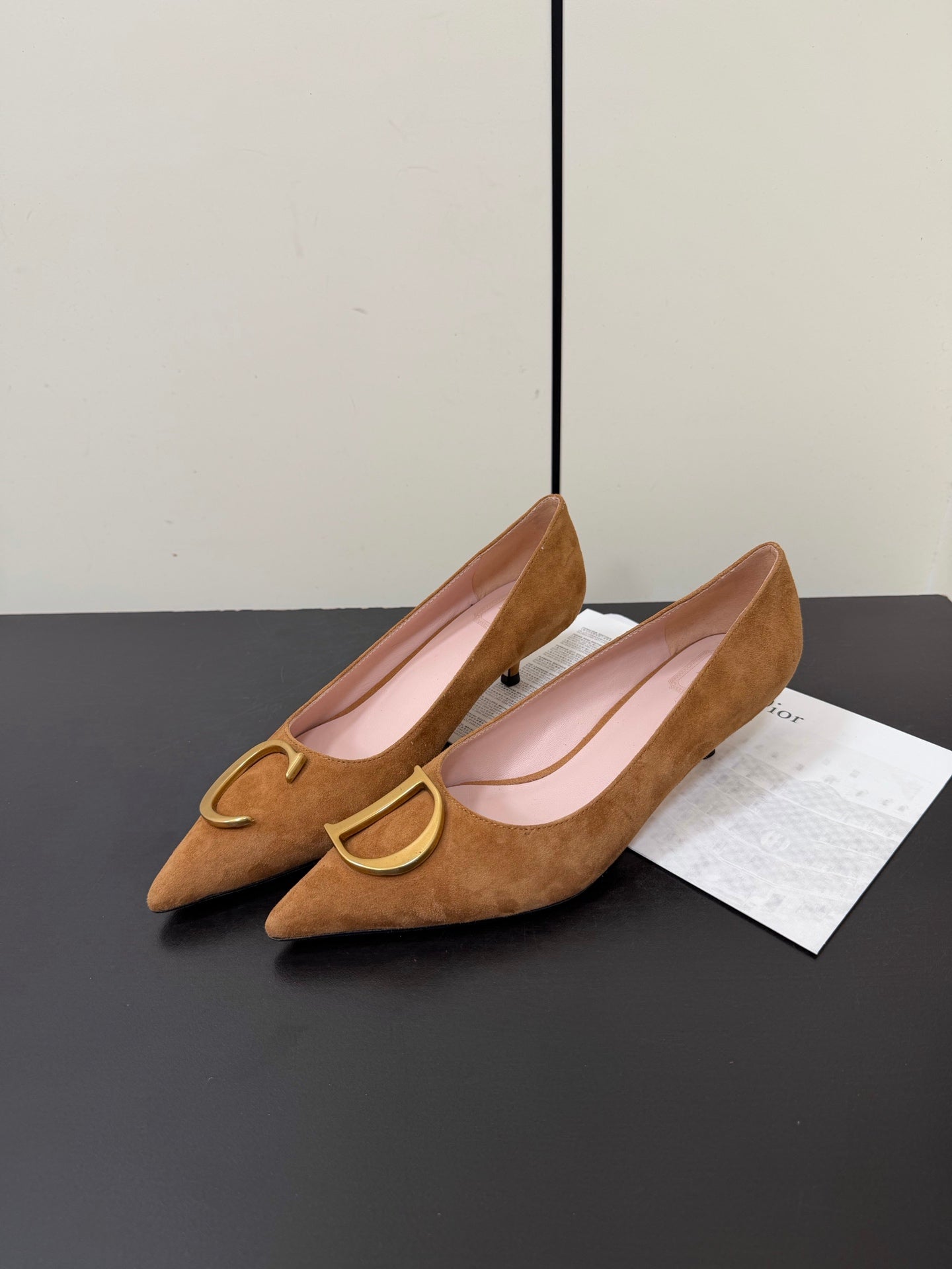 DIOR 26S POINTED-TOE HIGH HEELS 35MM IN TAN BROWN SUEDE GOLD HARDWARE